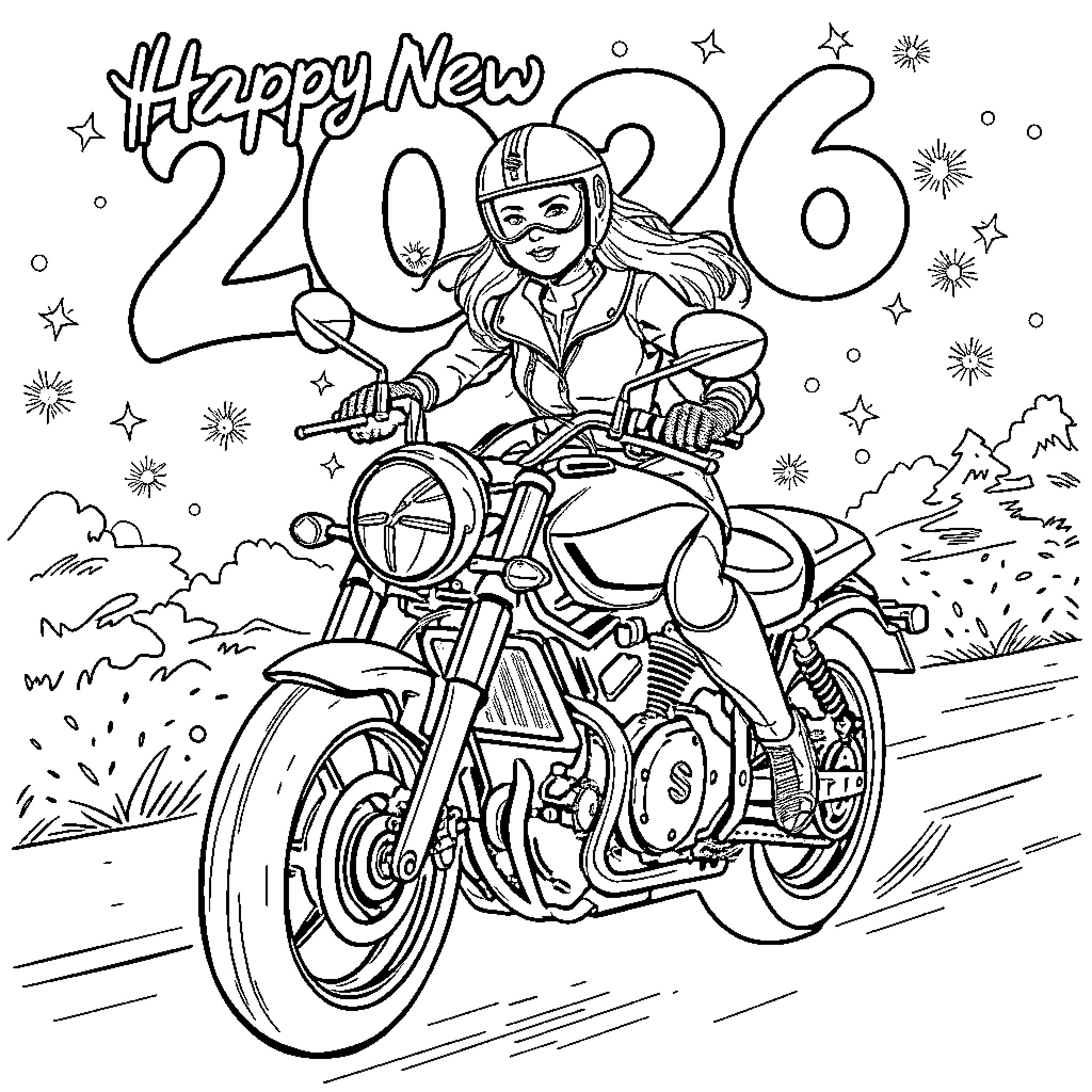 Rider speeding on a motorcycle on the road Coloring Page (free black-and-white line drawing printable PDF for all, from beginners to advanced learners, including children, teens, adults, and seniors)