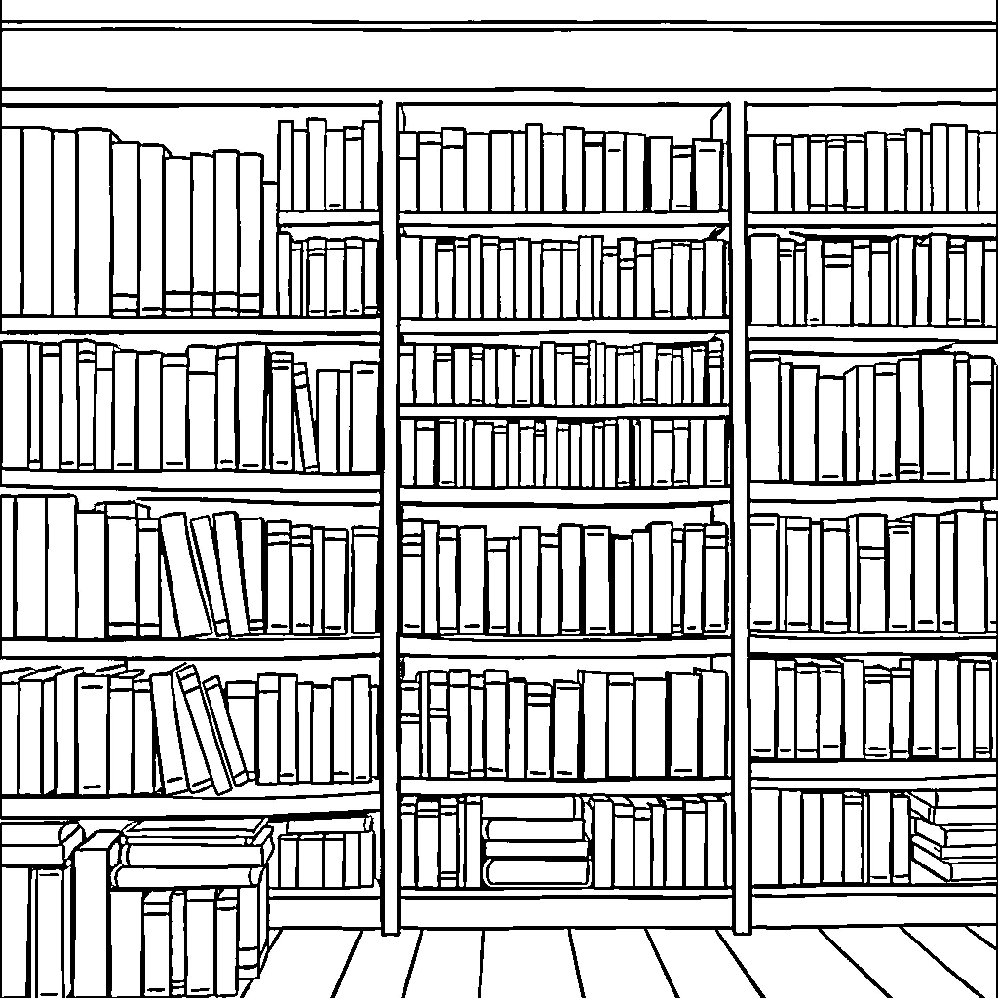 Bookshelf filled with numerous books Coloring Page (free black-and-white line drawing printable PDF for all, from beginners to advanced learners, including children, teens, adults, and seniors)