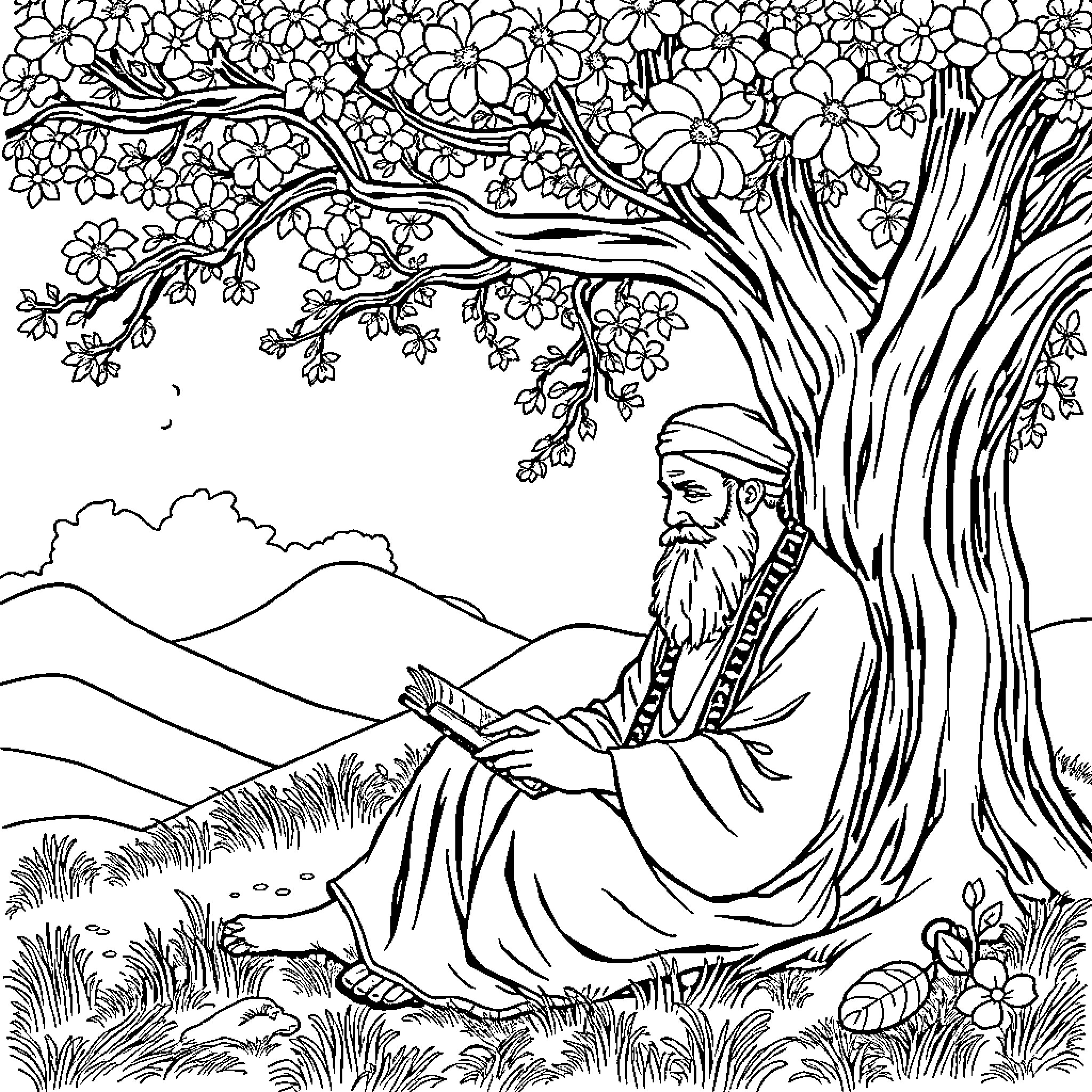 Rumi contemplating nature's beauty under the flowering tree Coloring Page (free black-and-white line drawing printable PDF for all, from beginners to advanced learners, including children, teens, adults, and seniors)