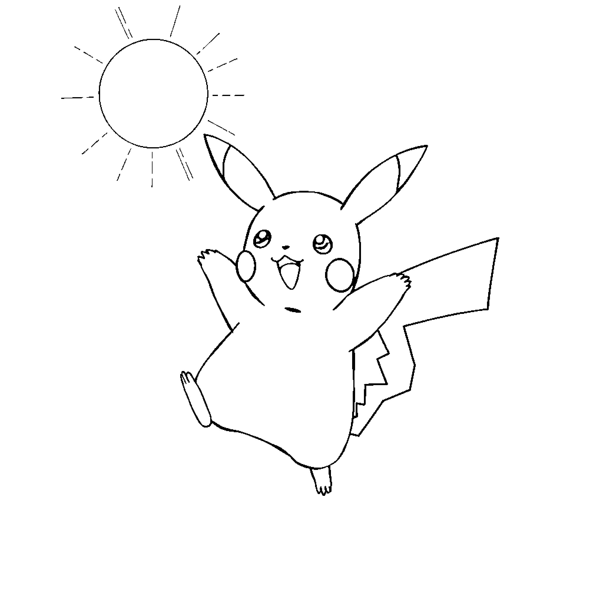 Pikachu happily waving in the sun Coloring Page (free black-and-white line drawing printable PDF for all, from beginners to advanced learners, including children, teens, adults, and seniors)