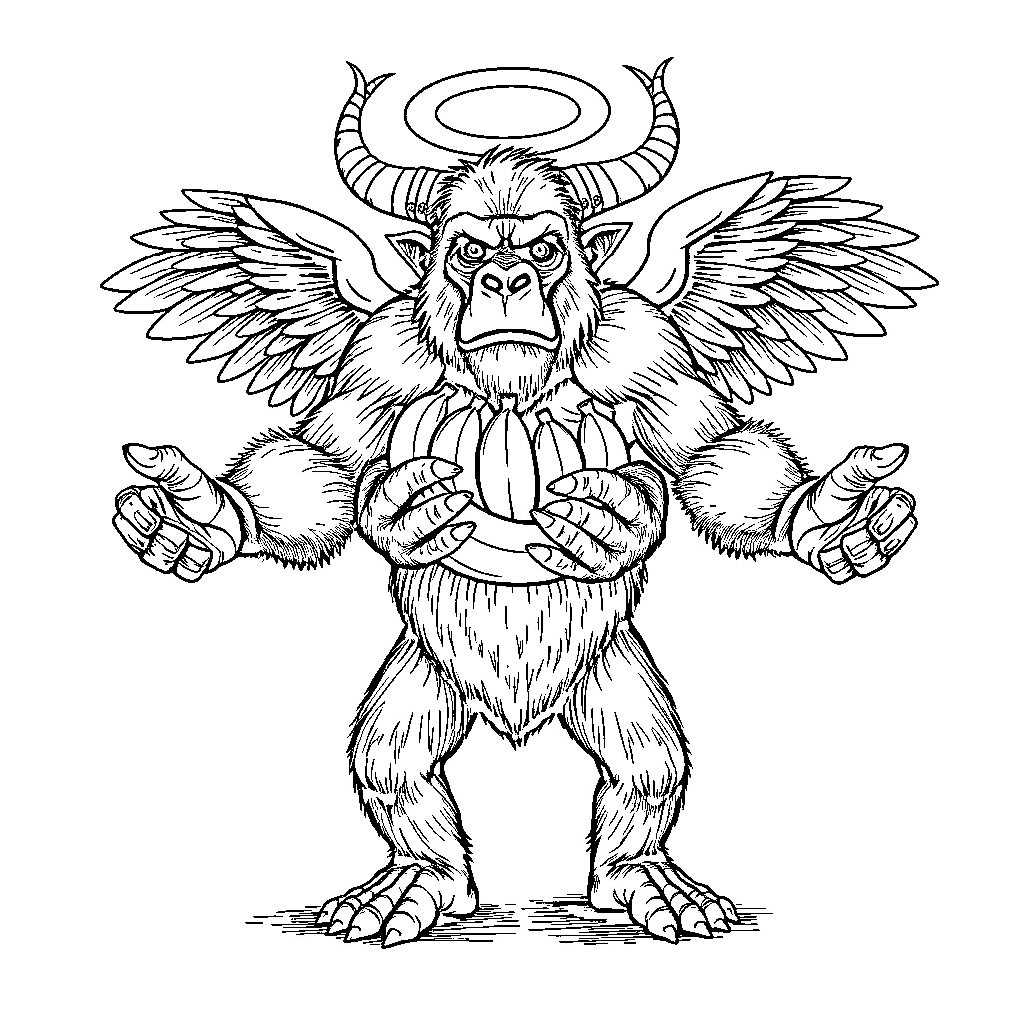 Gorilla with horns and wings in a powerful pose Coloring Page (free black-and-white line drawing printable PDF for all, from beginners to advanced learners, including children, teens, adults, and seniors)