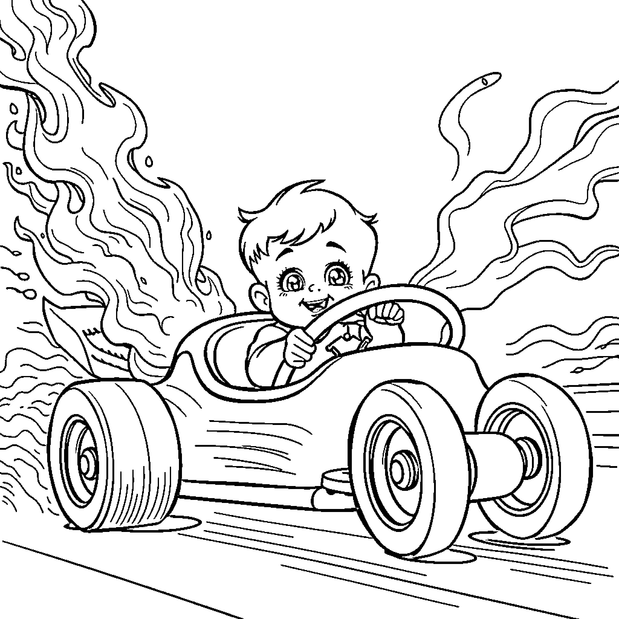 Baby speeding in a hot rod car Coloring Page (free black-and-white line drawing printable PDF for all, from beginners to advanced learners, including children, teens, adults, and seniors)