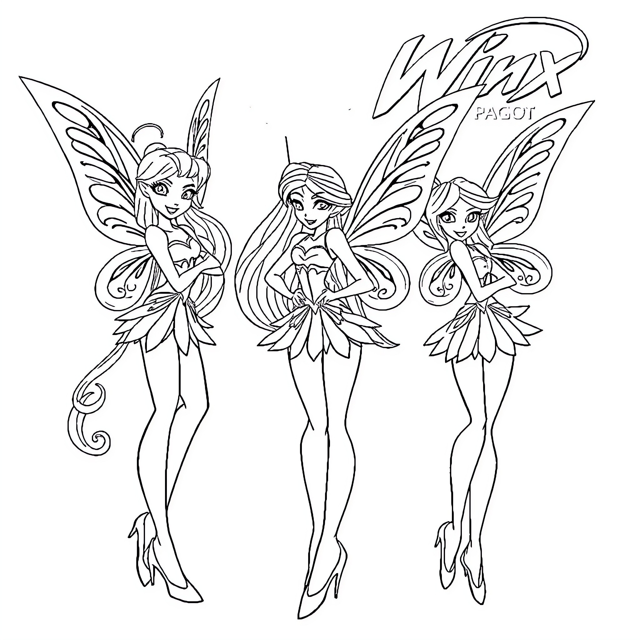 Winx Fairy Trio Posing with Confident Expressions Coloring Page (free black-and-white line drawing printable PDF for all, from beginners to advanced learners, including children, teens, adults, and seniors)