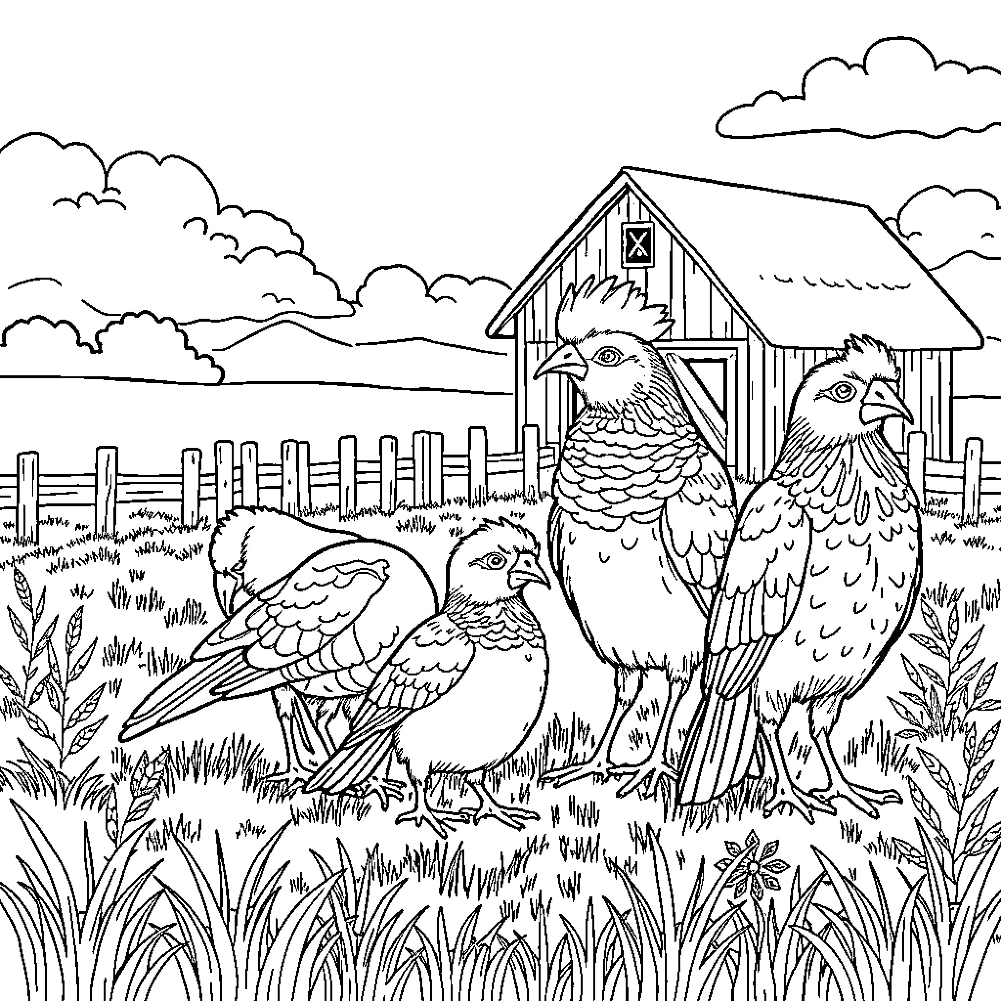 Pavo Real: Chickens in a Serene Farmland Setting Coloring Page (free black-and-white line drawing printable PDF for all, from beginners to advanced learners, including children, teens, adults, and seniors)