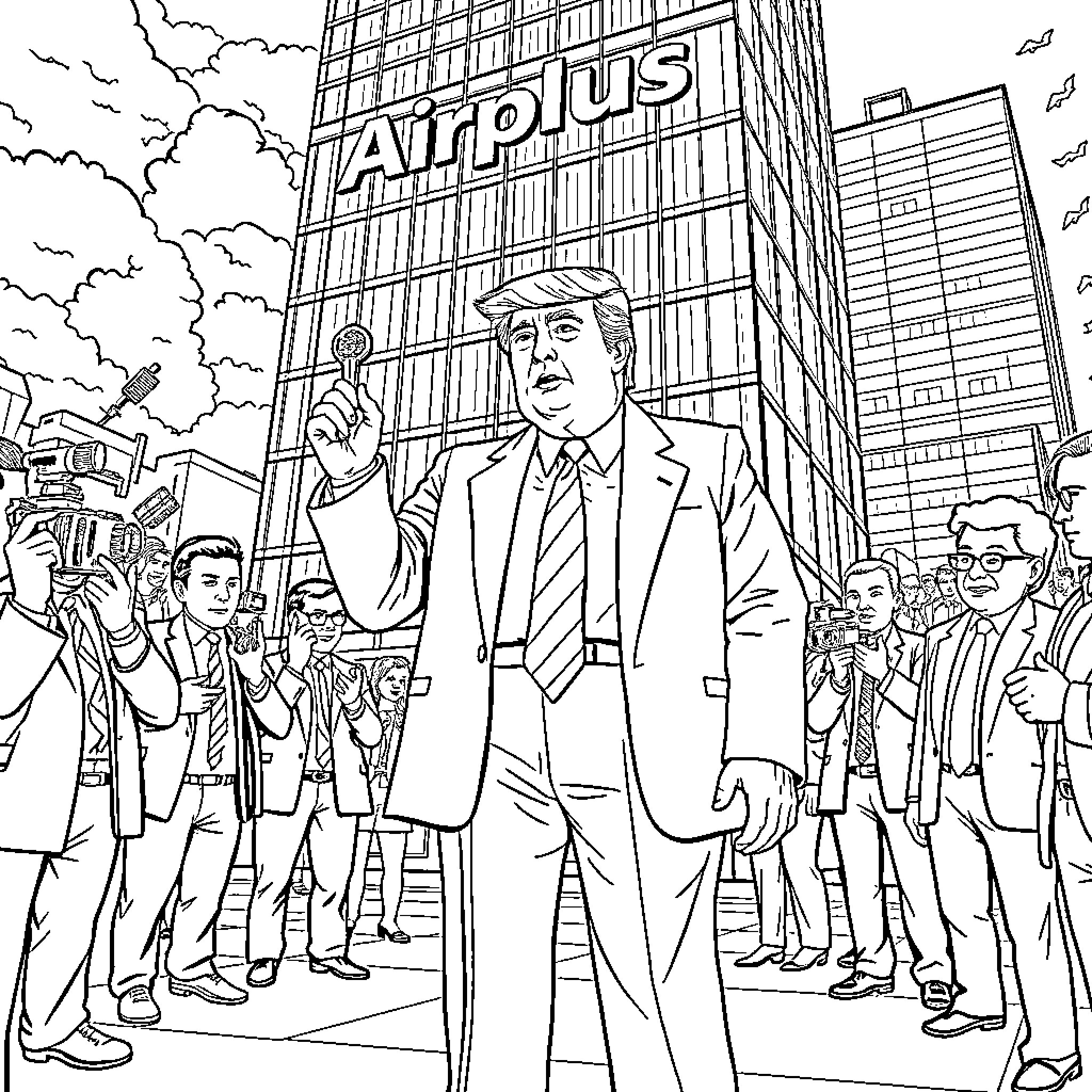 Donald Trump Speaks to Supporters Outside Airplus Building Coloring Page (free black-and-white line drawing printable PDF for all, from beginners to advanced learners, including children, teens, adults, and seniors)