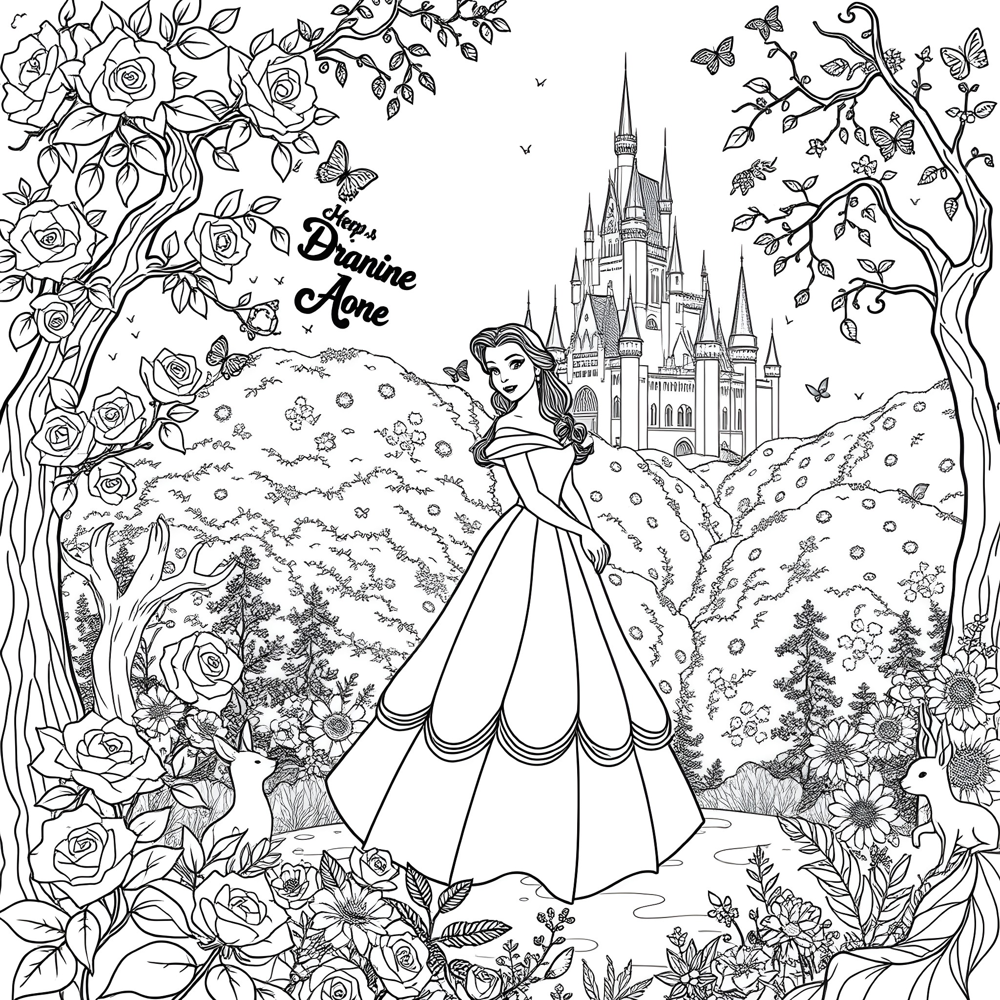 Belle in a Fairy Tale Wonderland Coloring Page (free black-and-white line drawing printable PDF for all, from beginners to advanced learners, including children, teens, adults, and seniors)