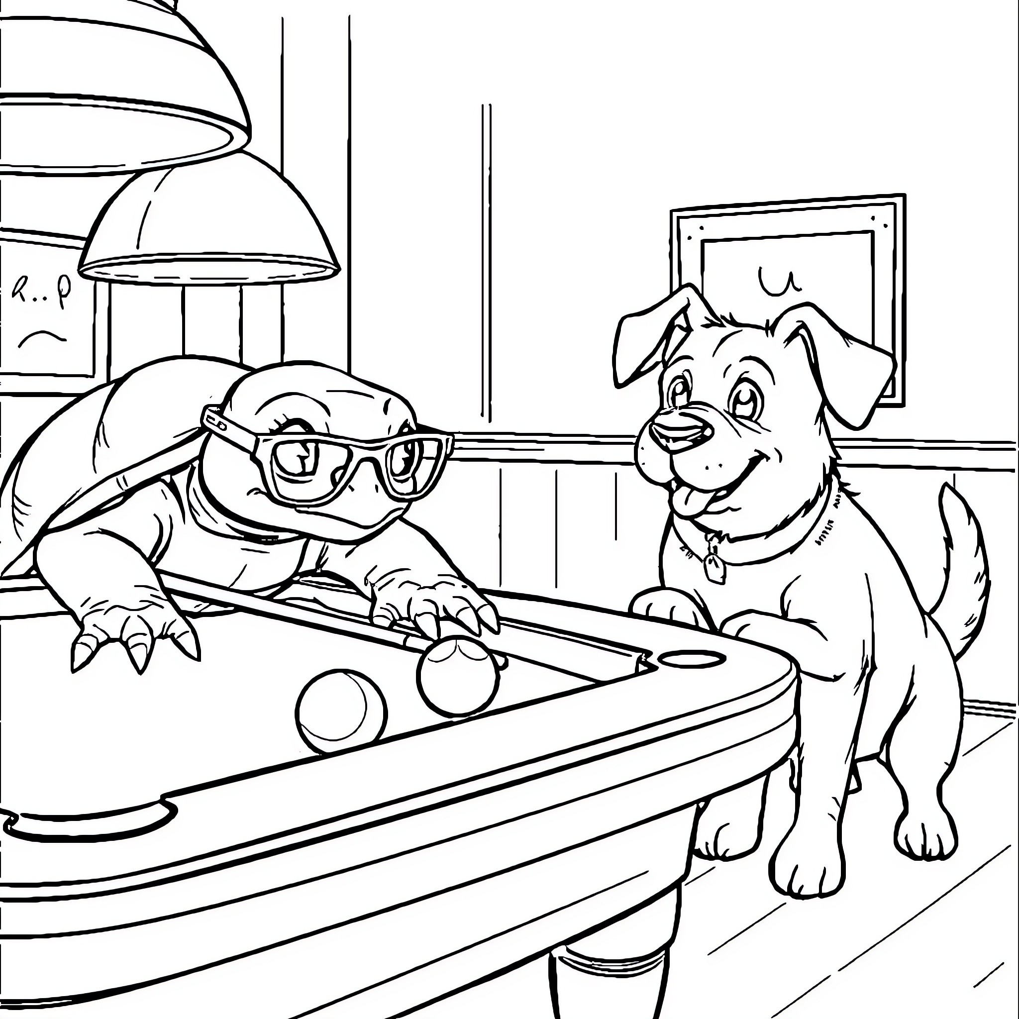 Turtle playing pool with dog in cozy room Coloring Page (free black-and-white line drawing printable PDF for all, from beginners to advanced learners, including children, teens, adults, and seniors)