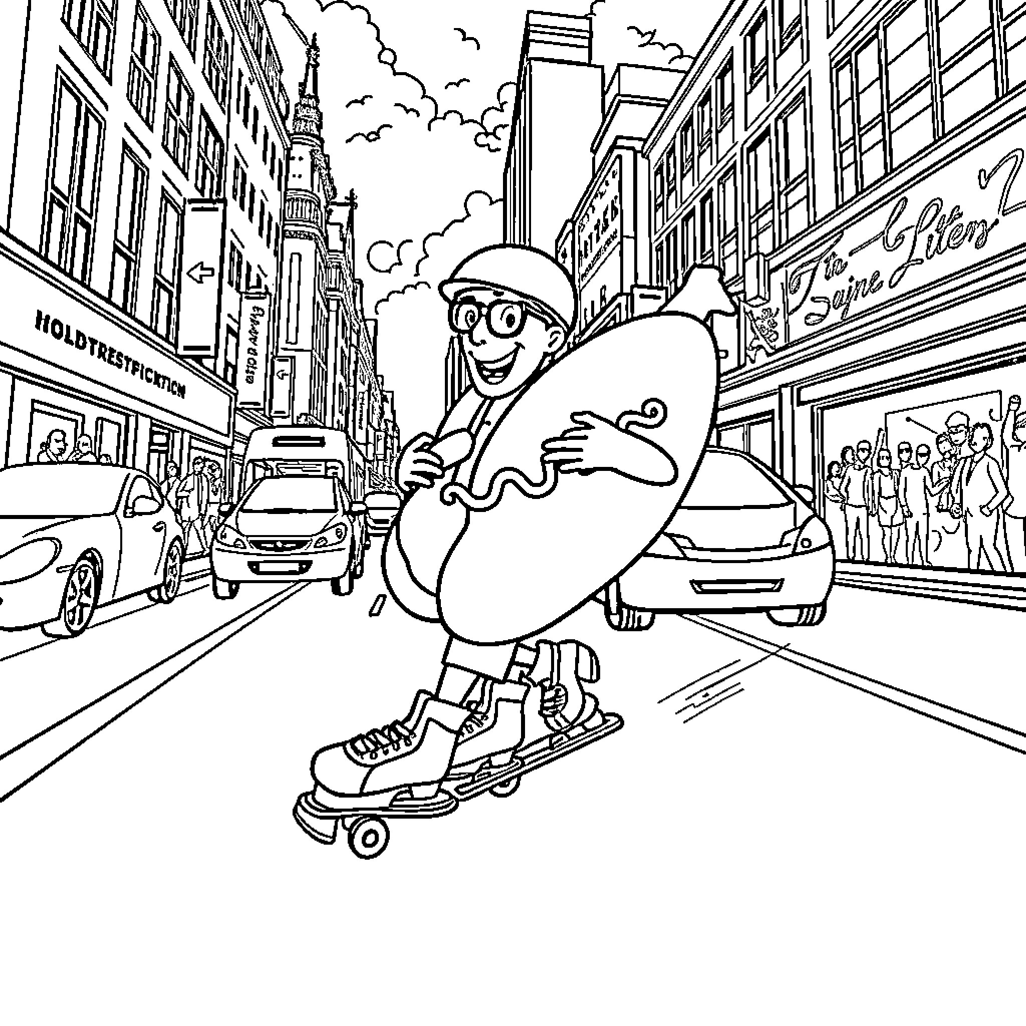 Hotdog Guy Skating through the City Streets Coloring Page (free black-and-white line drawing printable PDF for all, from beginners to advanced learners, including children, teens, adults, and seniors)
