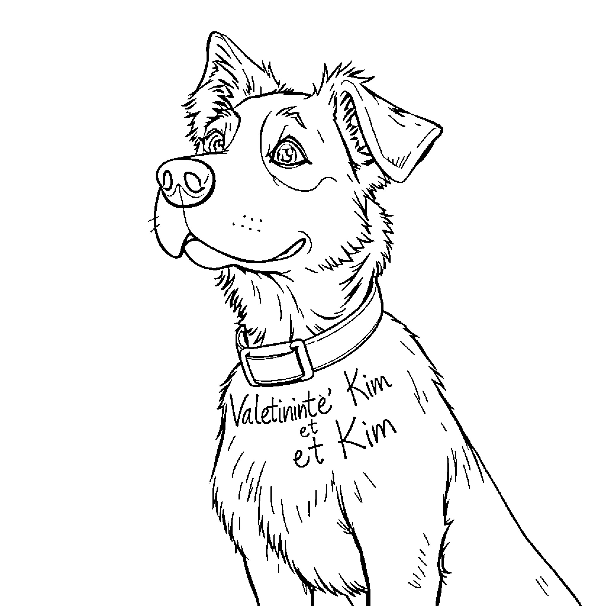 Dog with text on collar Coloring Page (free black-and-white line drawing printable PDF for all, from beginners to advanced learners, including children, teens, adults, and seniors)