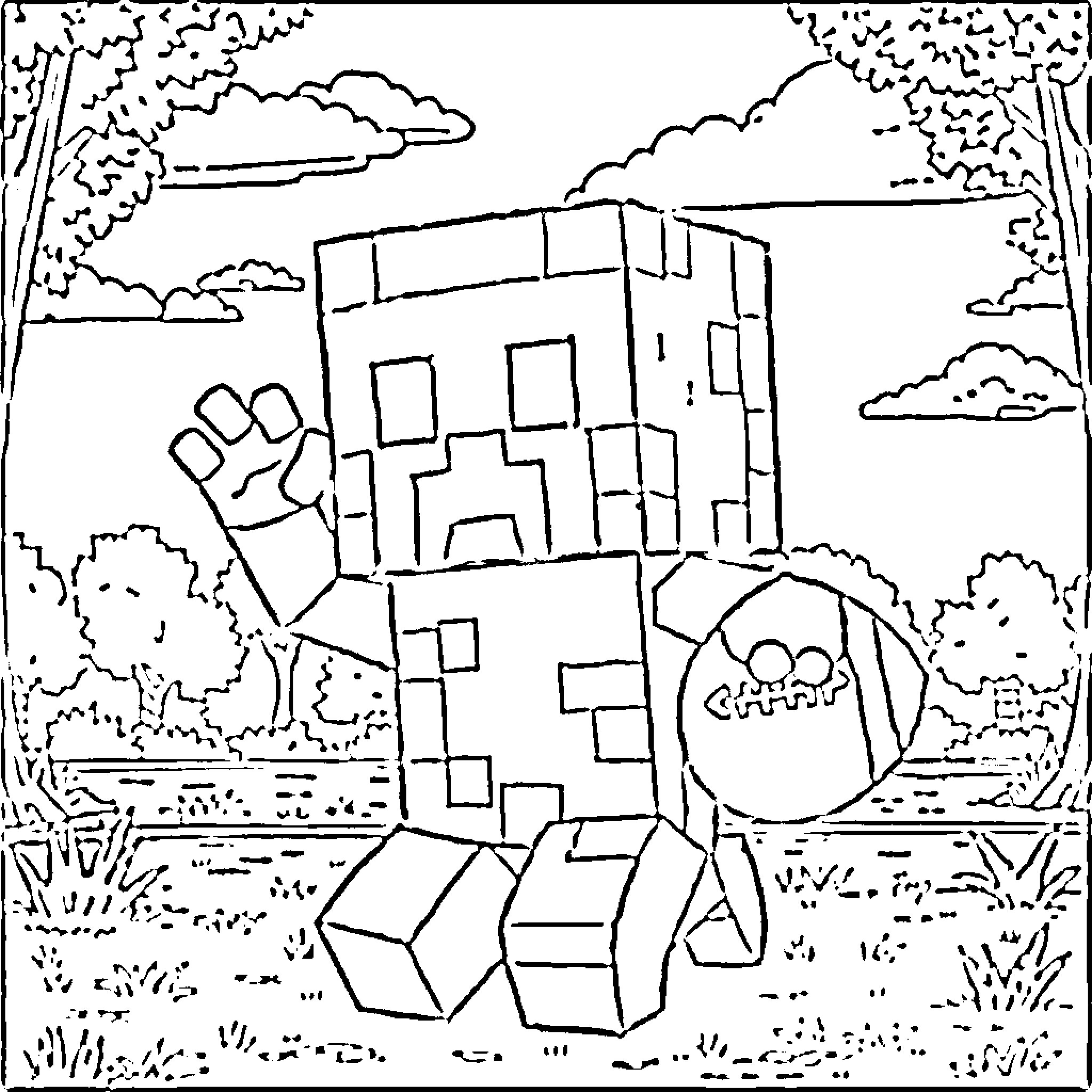 Creeper exploring the forest landscape Coloring Page (free black-and-white line drawing printable PDF for all, from beginners to advanced learners, including children, teens, adults, and seniors)