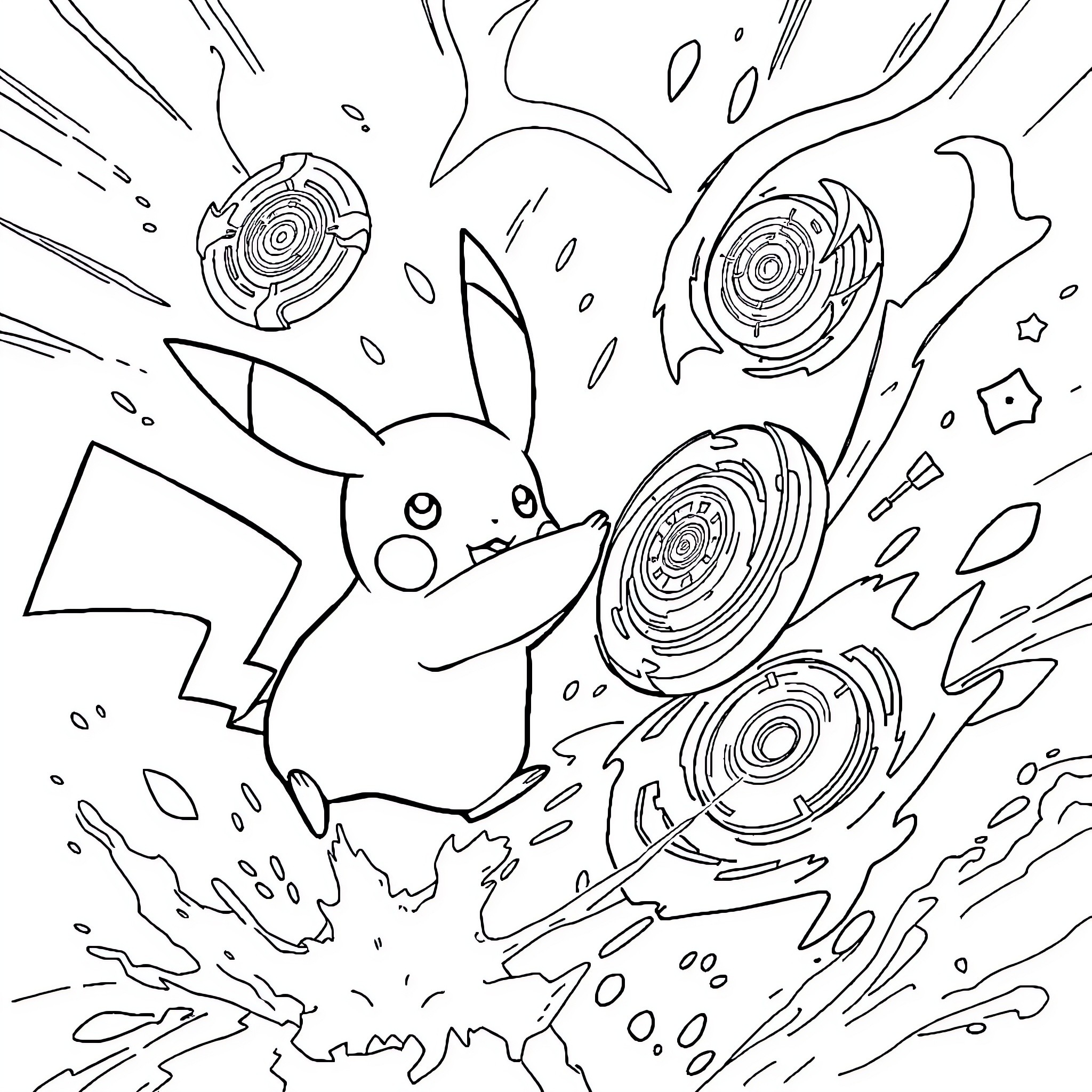 Pikachu Unleashing Electrifying Thunderbolts Coloring Page (free black-and-white line drawing printable PDF for all, from beginners to advanced learners, including children, teens, adults, and seniors)