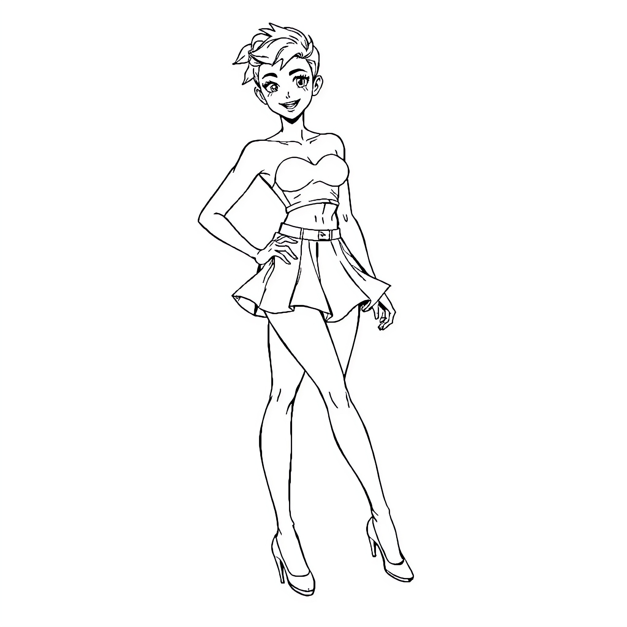 Femboy in playful and flirtatious pose Coloring Page (free black-and-white line drawing printable PDF for all, from beginners to advanced learners, including children, teens, adults, and seniors)