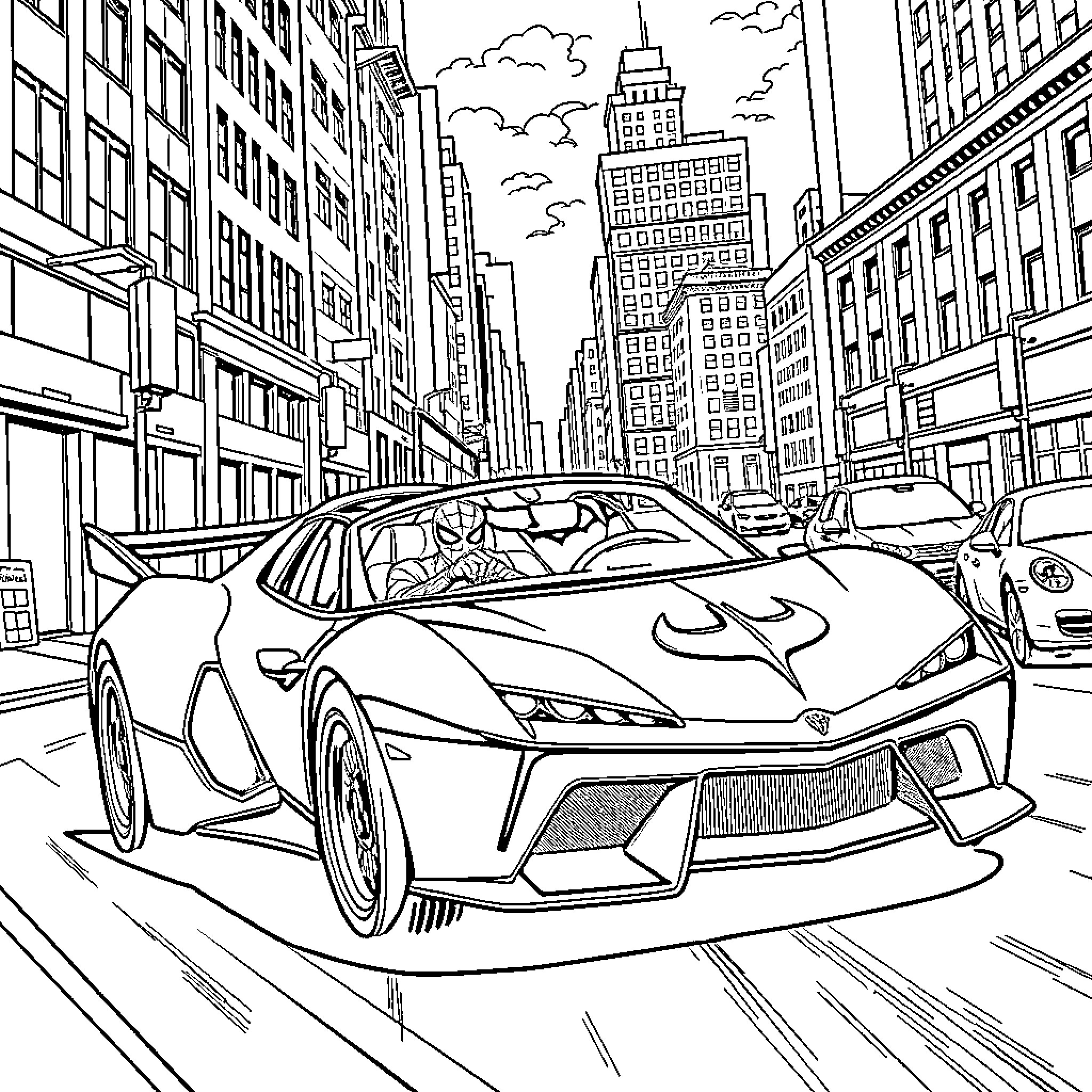 Spider-Man chases villain through busy city streets Coloring Page (free black-and-white line drawing printable PDF for all, from beginners to advanced learners, including children, teens, adults, and seniors)