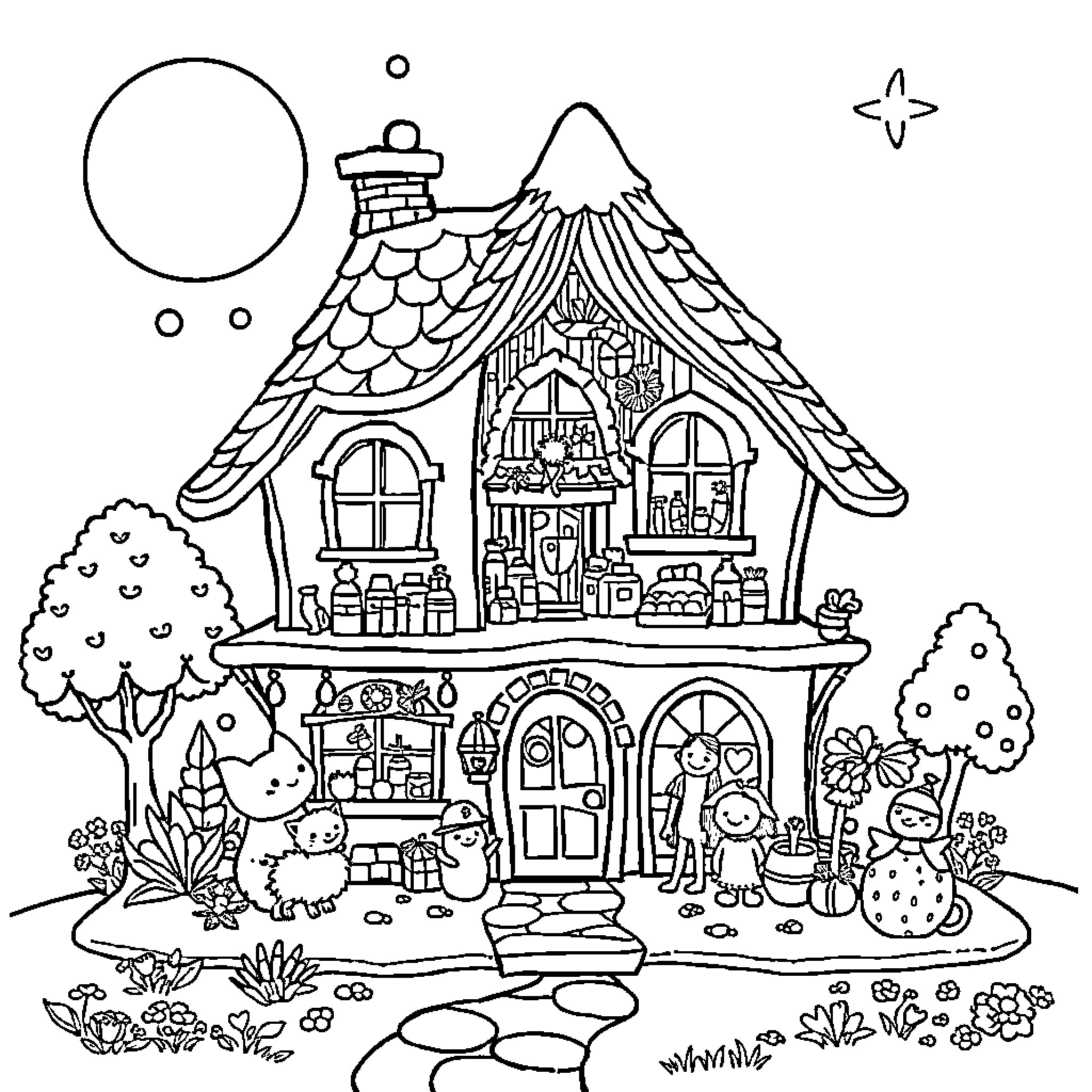 Gabby's Dollhouse - Whimsical Cottage with Furry Friends Coloring Page (free black-and-white line drawing printable PDF for all, from beginners to advanced learners, including children, teens, adults, and seniors)