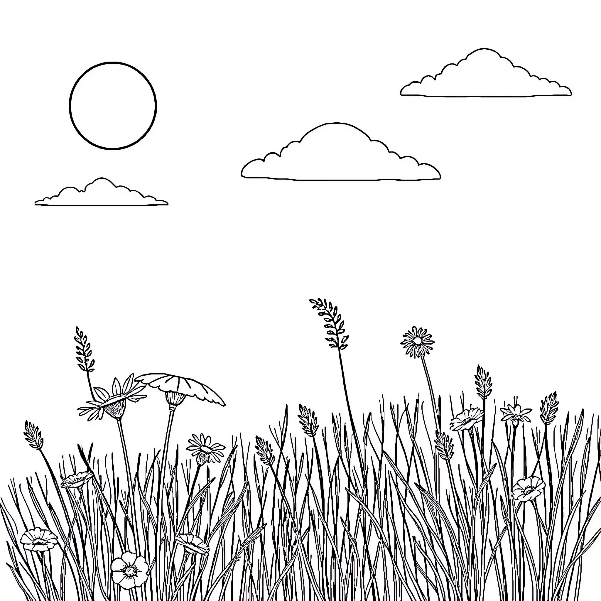 Summer meadow scene with clouds and sun Coloring Page (free black-and-white line drawing printable PDF for all, from beginners to advanced learners, including children, teens, adults, and seniors)