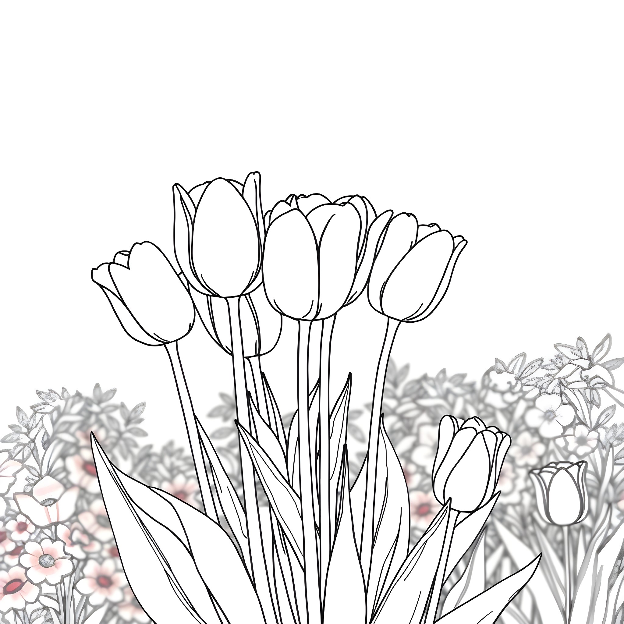 Tulip Bouquet Outline Coloring Page (free black-and-white line drawing printable PDF for all, from beginners to advanced learners, including children, teens, adults, and seniors)