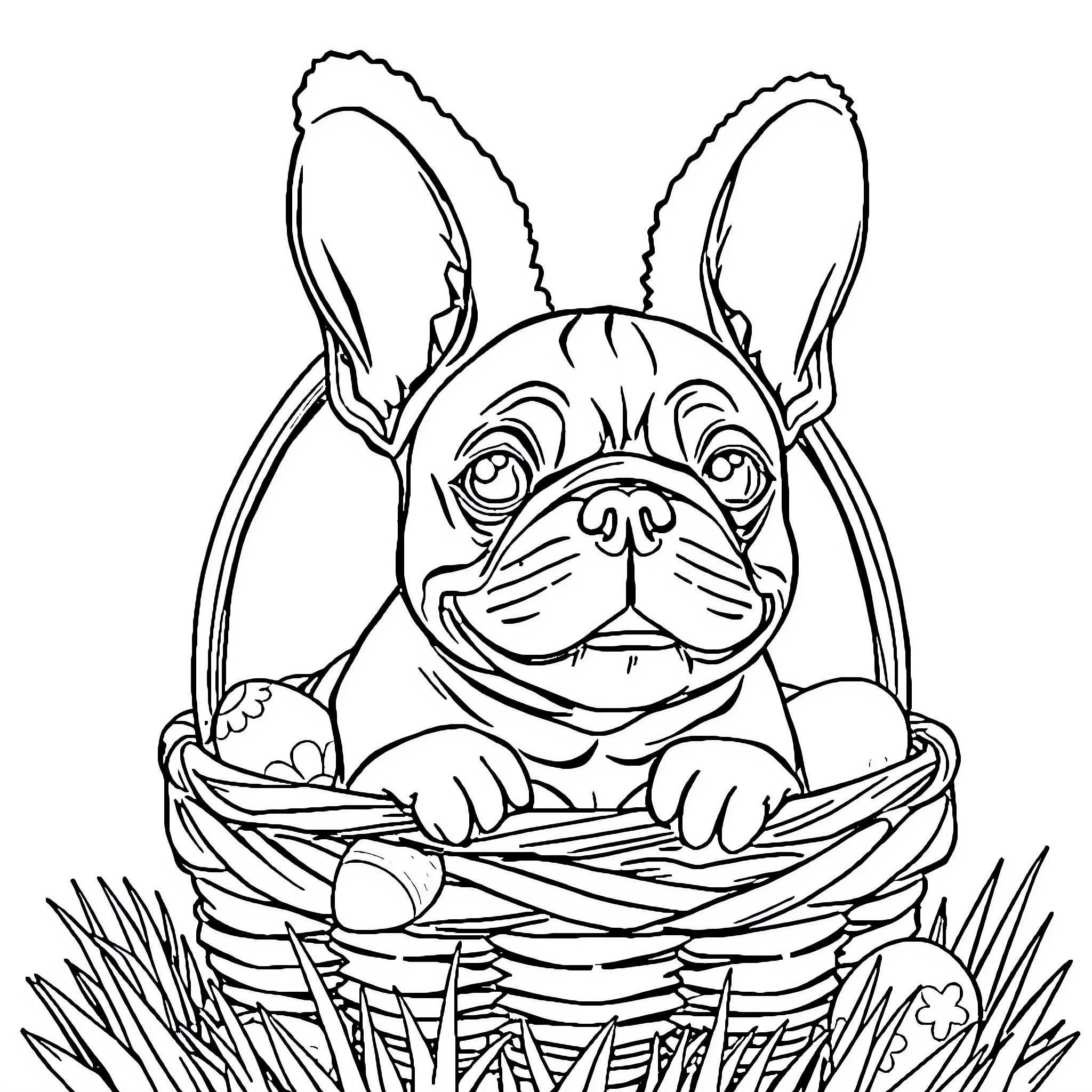 French Bulldog in Easter basket with eggs Coloring Page (free black-and-white line drawing printable PDF for all, from beginners to advanced learners, including children, teens, adults, and seniors)