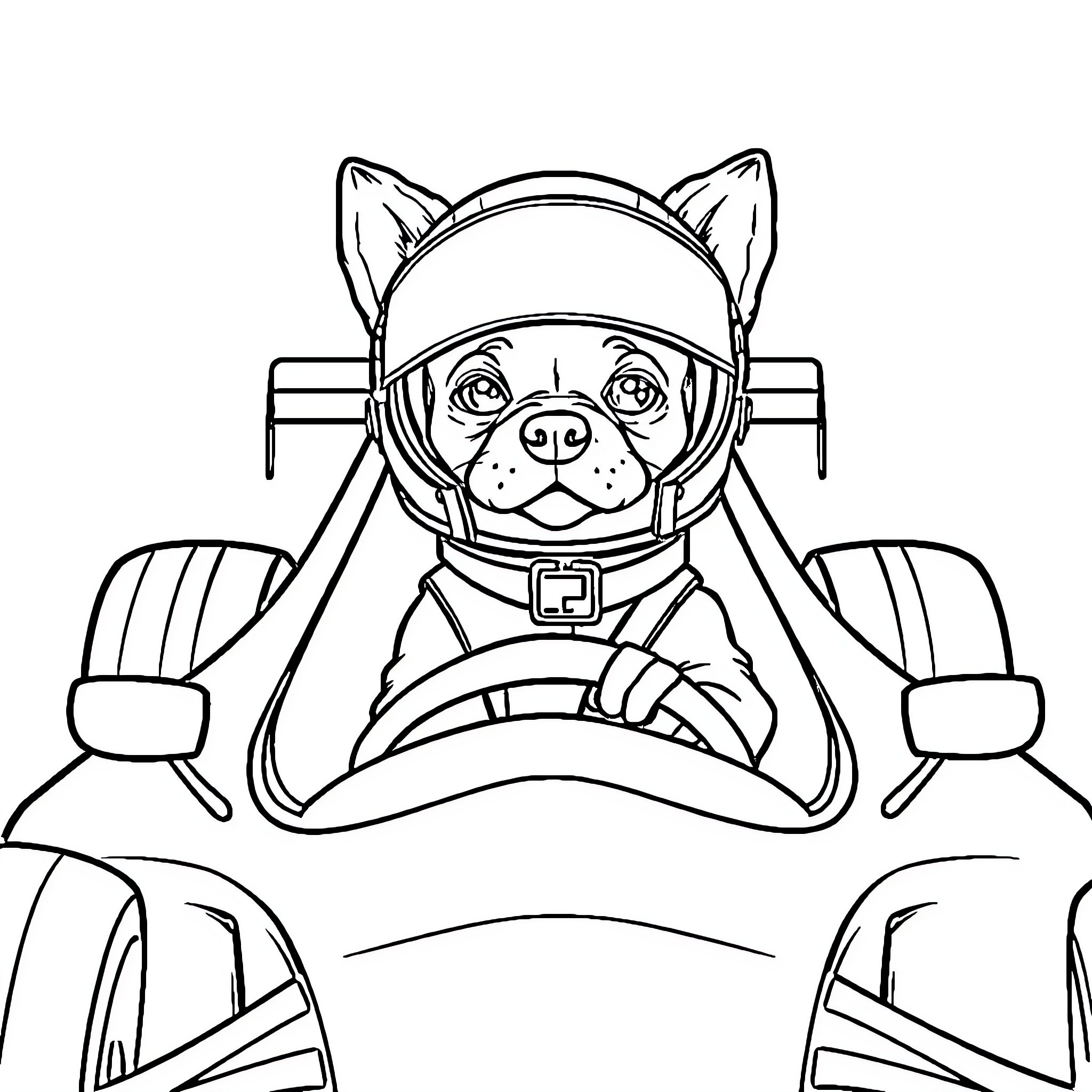 Dog driving racing car in helmet Coloring Page (free black-and-white line drawing printable PDF for all, from beginners to advanced learners, including children, teens, adults, and seniors)