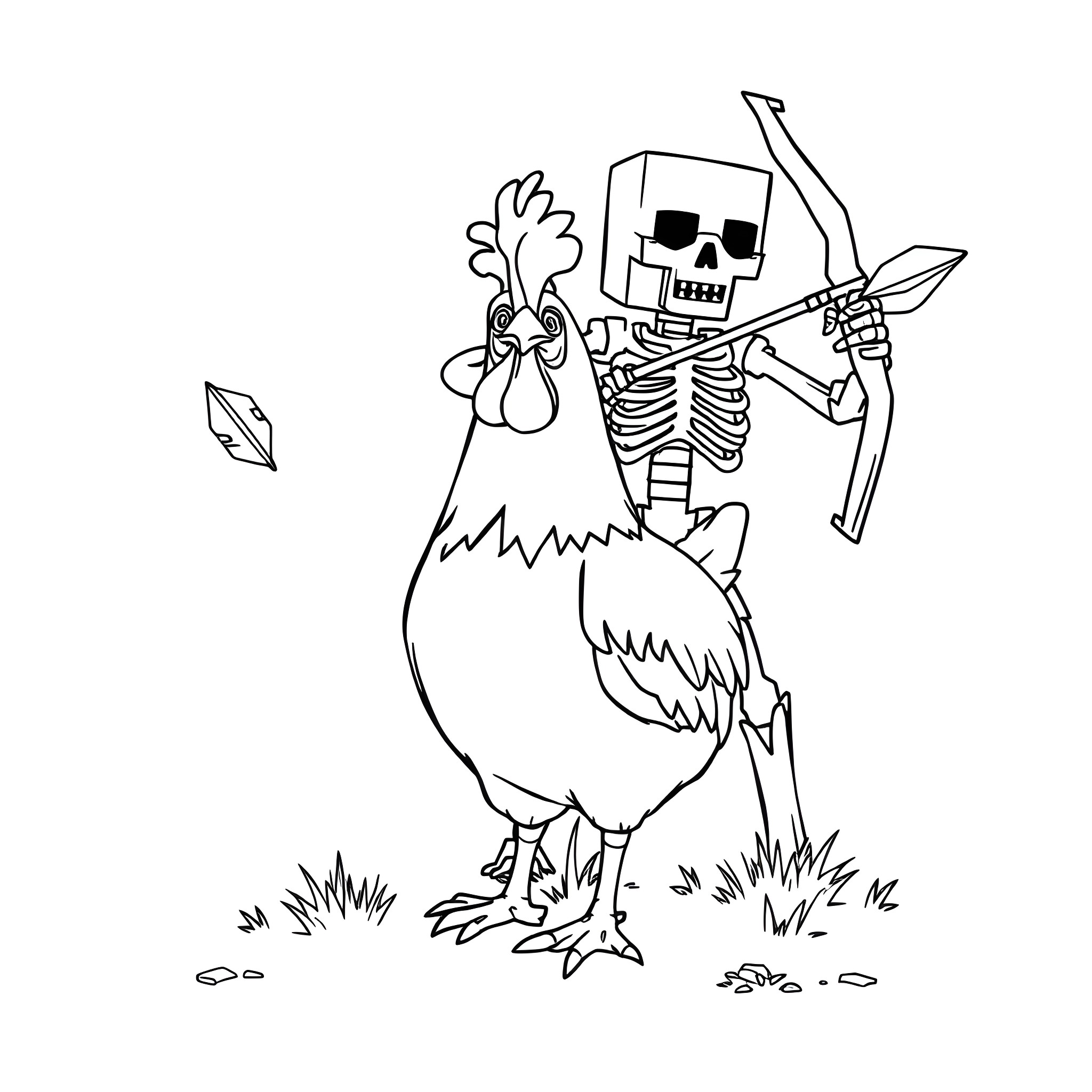 Chicken skeleton wielding a bow and arrow Coloring Page (free black-and-white line drawing printable PDF for all, from beginners to advanced learners, including children, teens, adults, and seniors)