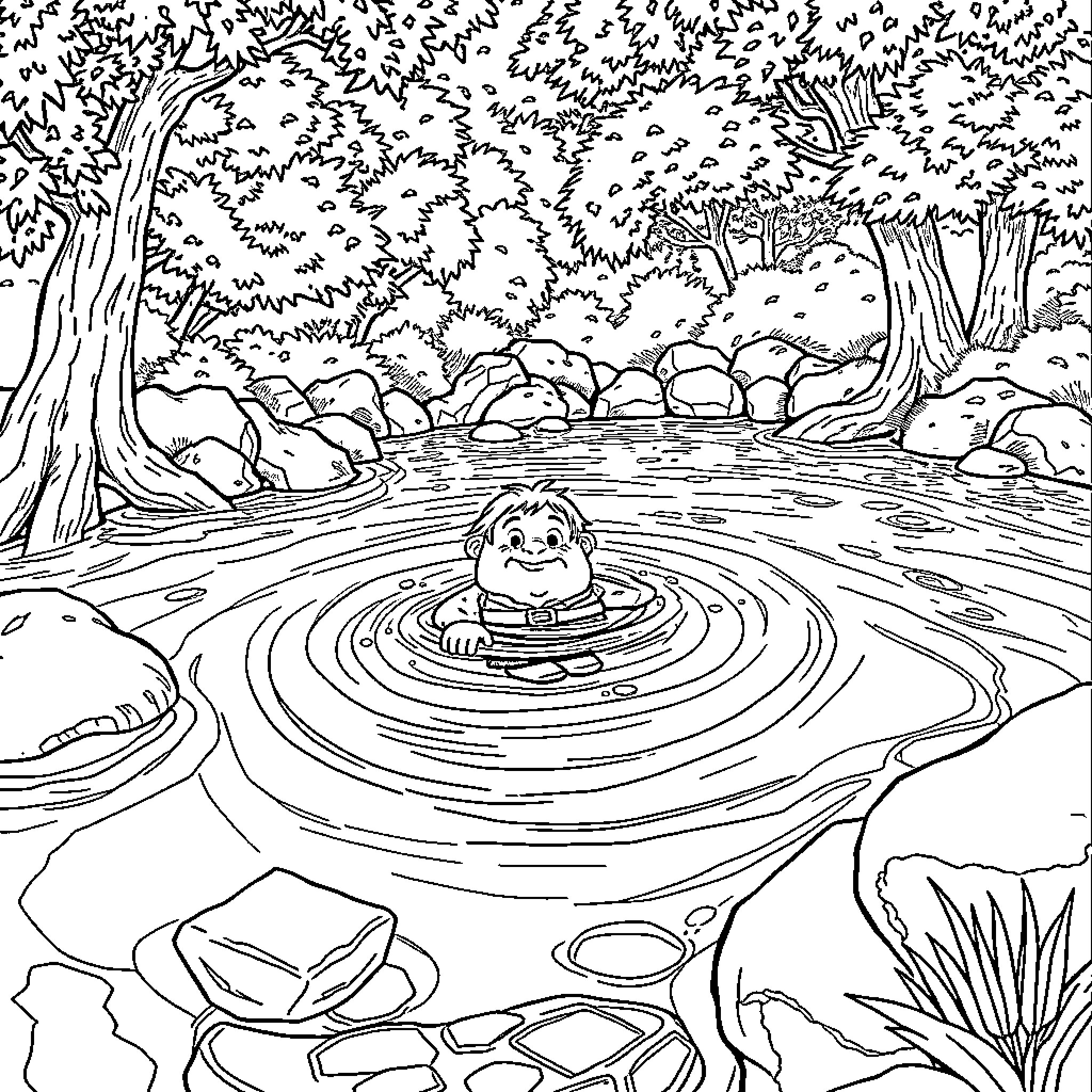 Bilbo Baggins swimming in a peaceful pond Coloring Page (free black-and-white line drawing printable PDF for all, from beginners to advanced learners, including children, teens, adults, and seniors)