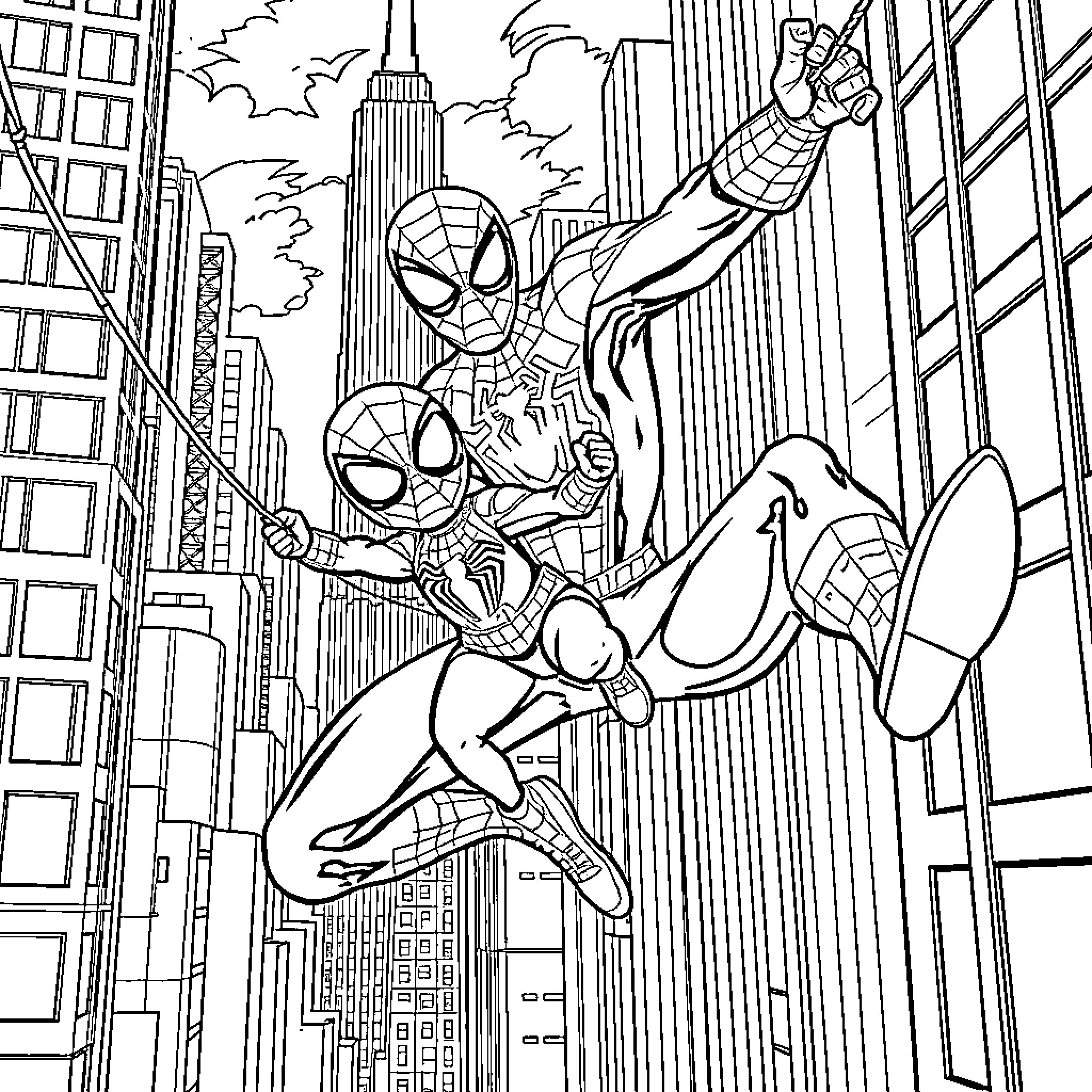 Spiderman swinging through the city skyline Coloring Page (free black-and-white line drawing printable PDF for all, from beginners to advanced learners, including children, teens, adults, and seniors)