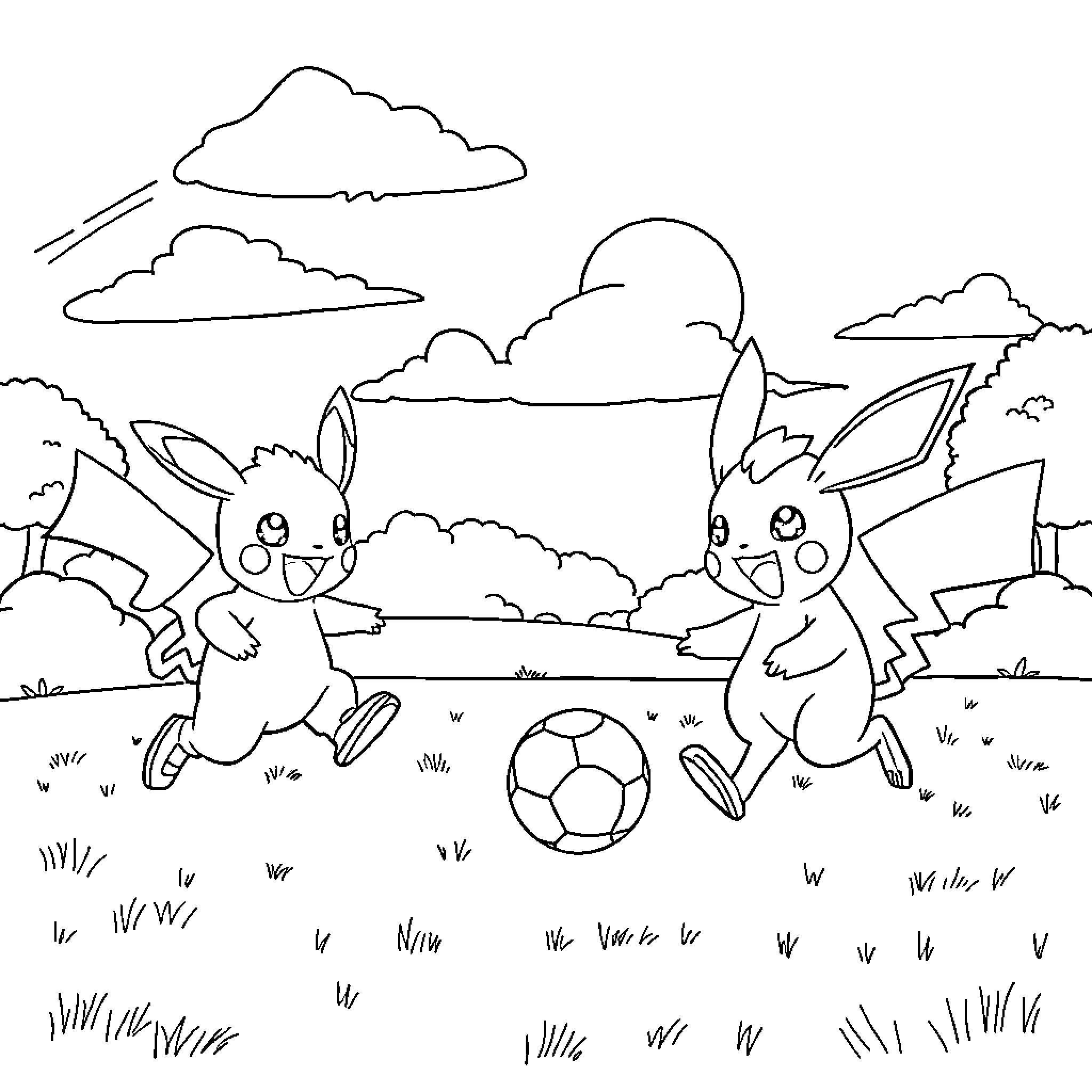 Pokémon characters playing soccer in a meadow Coloring Page (free black-and-white line drawing printable PDF for all, from beginners to advanced learners, including children, teens, adults, and seniors)