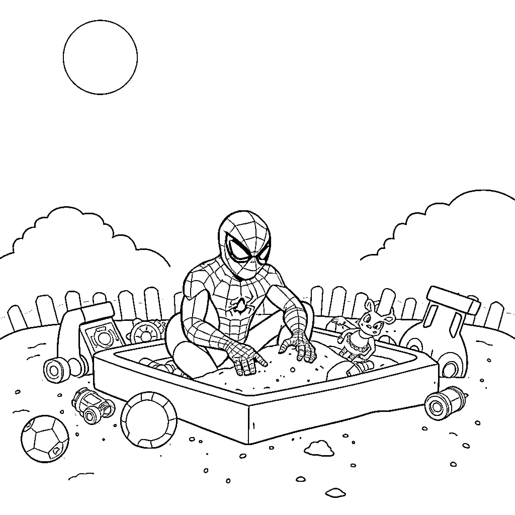 Spiderman playing with toys in the sandbox Coloring Page (free black-and-white line drawing printable PDF for all, from beginners to advanced learners, including children, teens, adults, and seniors)