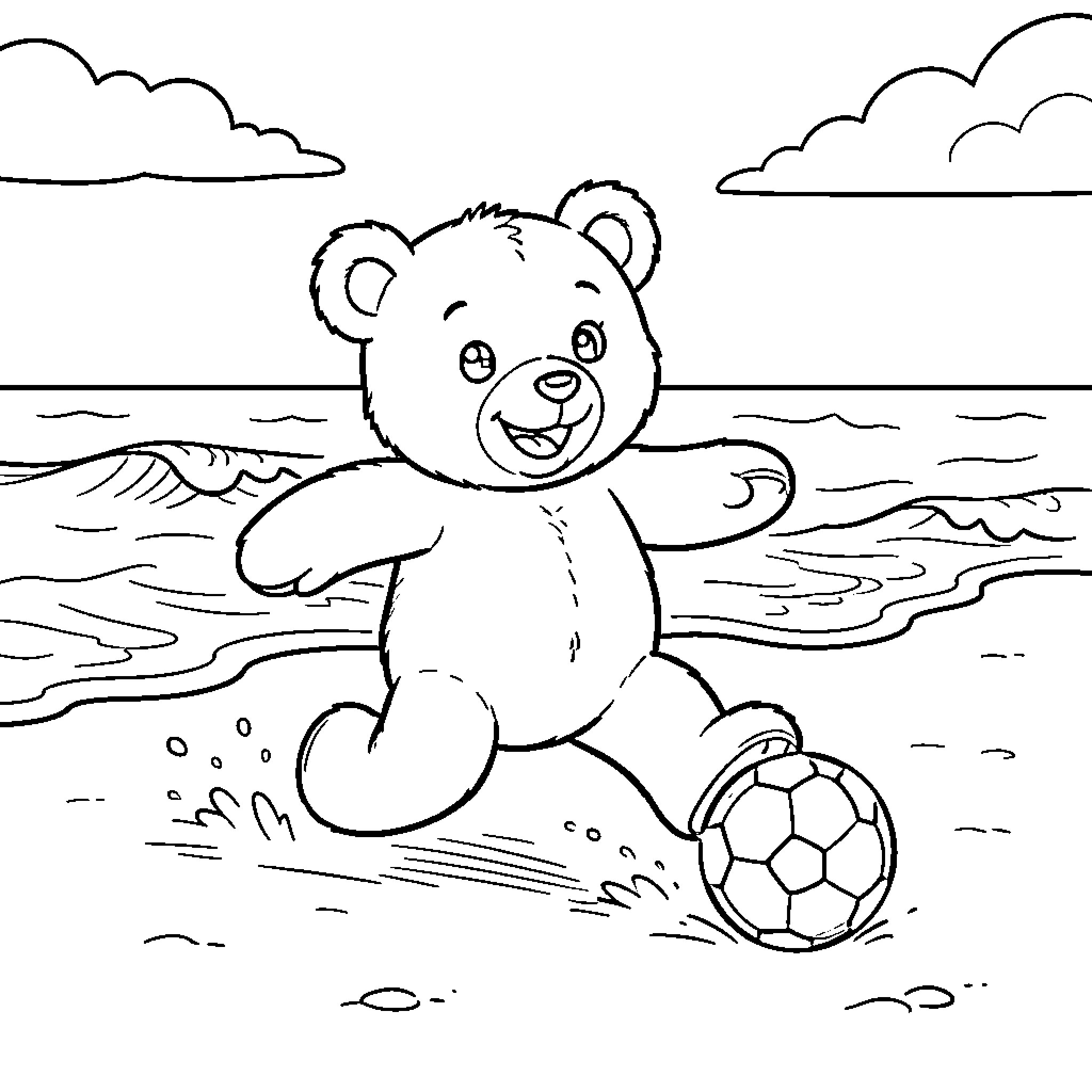Teddy Bear playing soccer on the beach Coloring Page (free black-and-white line drawing printable PDF for all, from beginners to advanced learners, including children, teens, adults, and seniors)