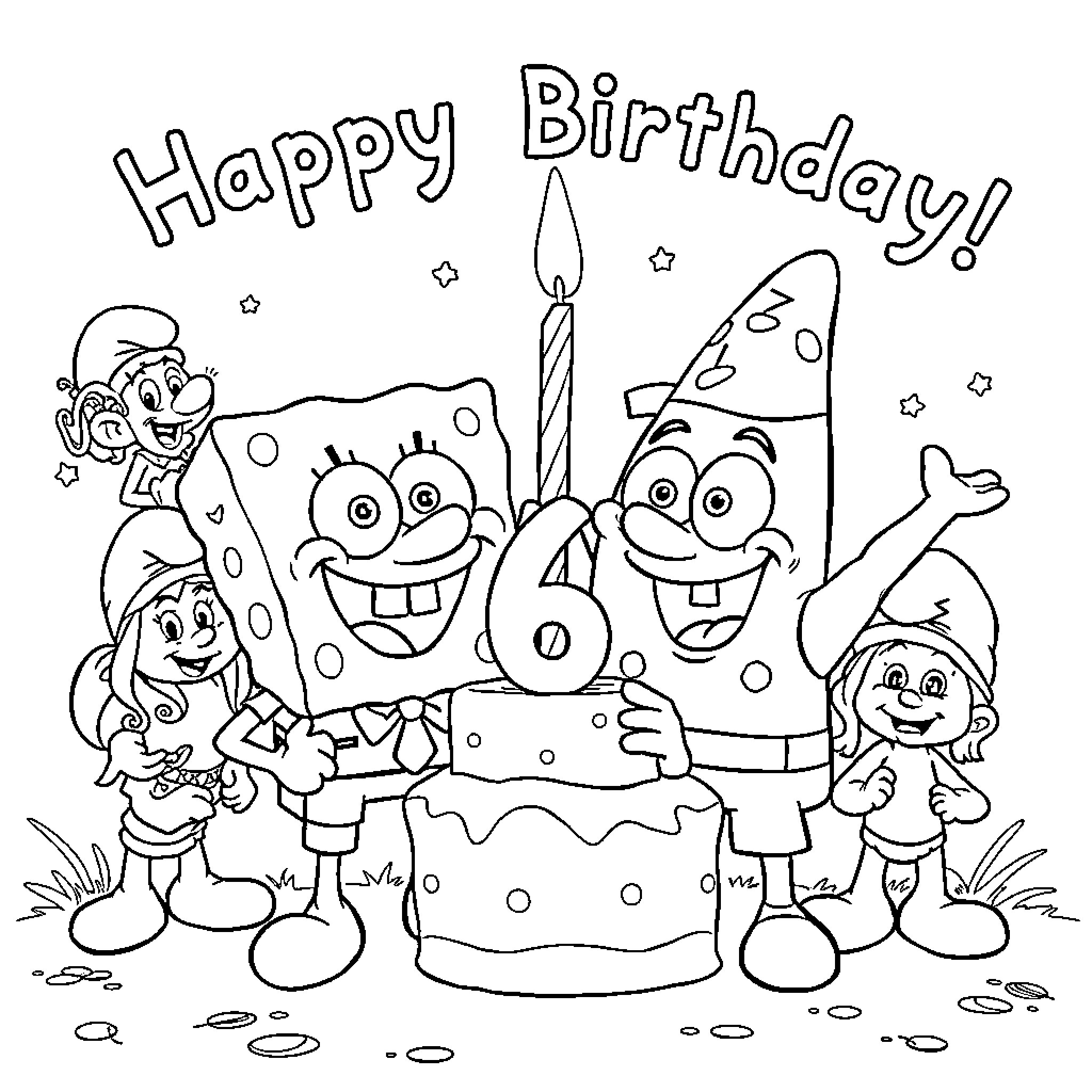 Spongebob and Friends Celebrate a Happy Birthday Coloring Page (free black-and-white line drawing printable PDF for all, from beginners to advanced learners, including children, teens, adults, and seniors)