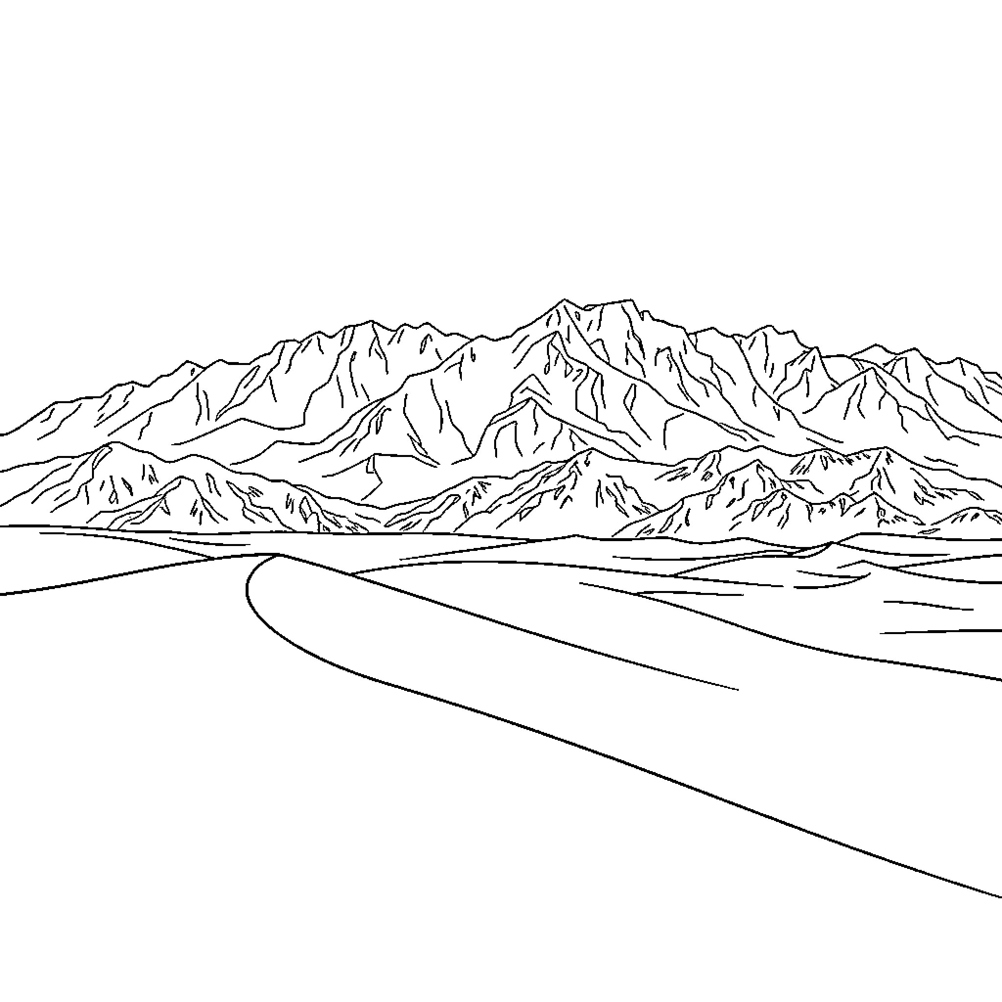 Landscape of rugged mountains and winding road Coloring Page (free black-and-white line drawing printable PDF for all, from beginners to advanced learners, including children, teens, adults, and seniors)