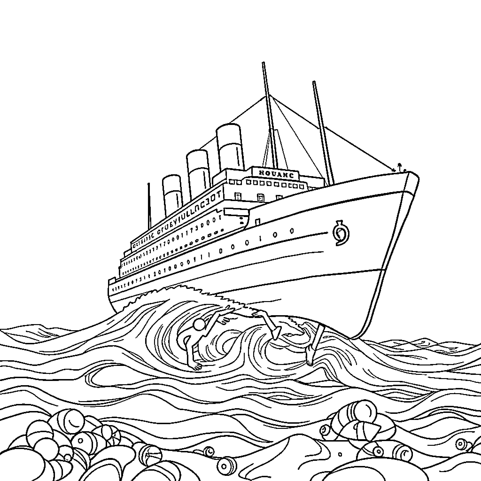 Titanic ship sailing through the waves Coloring Page (free black-and-white line drawing printable PDF for all, from beginners to advanced learners, including children, teens, adults, and seniors)