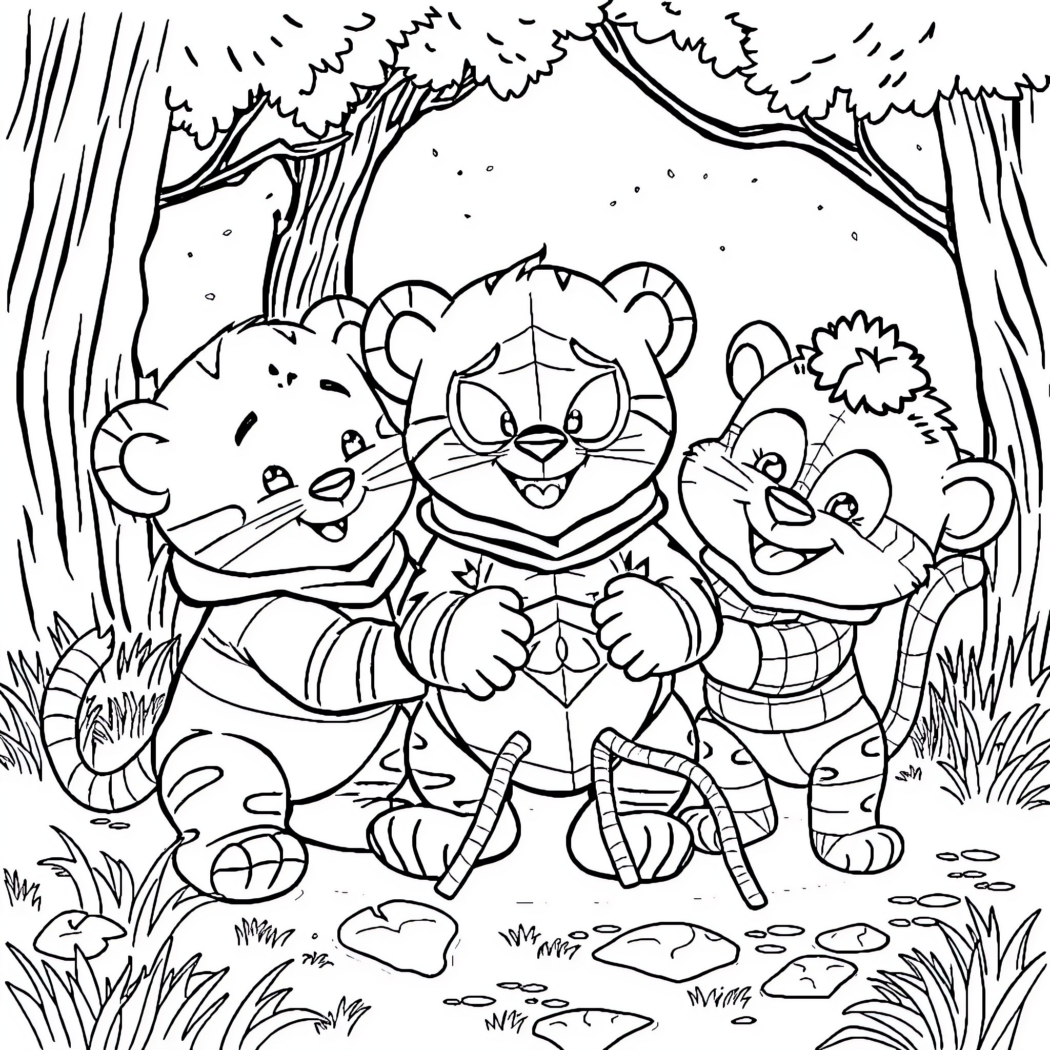 Daniel Tiger and Friends Exploring the Enchanted Forest Coloring Page (free black-and-white line drawing printable PDF for all, from beginners to advanced learners, including children, teens, adults, and seniors)