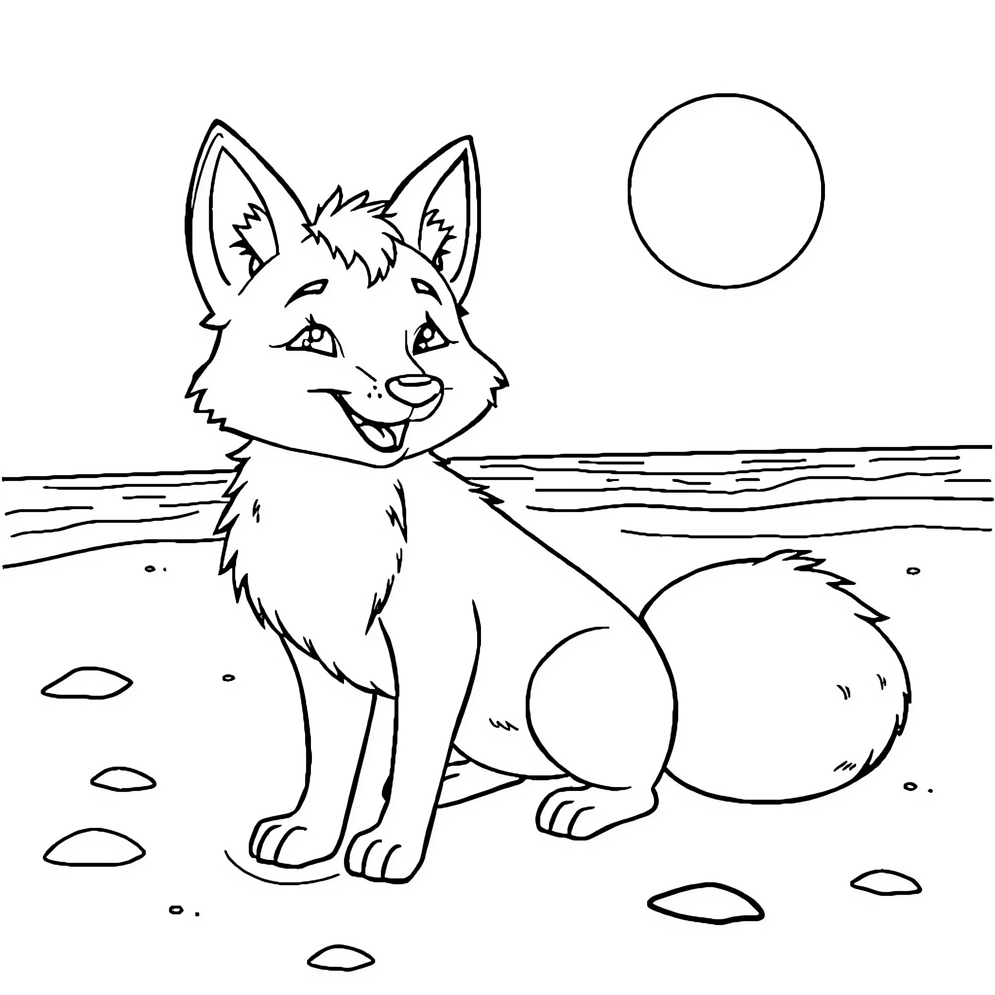 Fox sitting happily by the shore Coloring Page (free black-and-white line drawing printable PDF for all, from beginners to advanced learners, including children, teens, adults, and seniors)