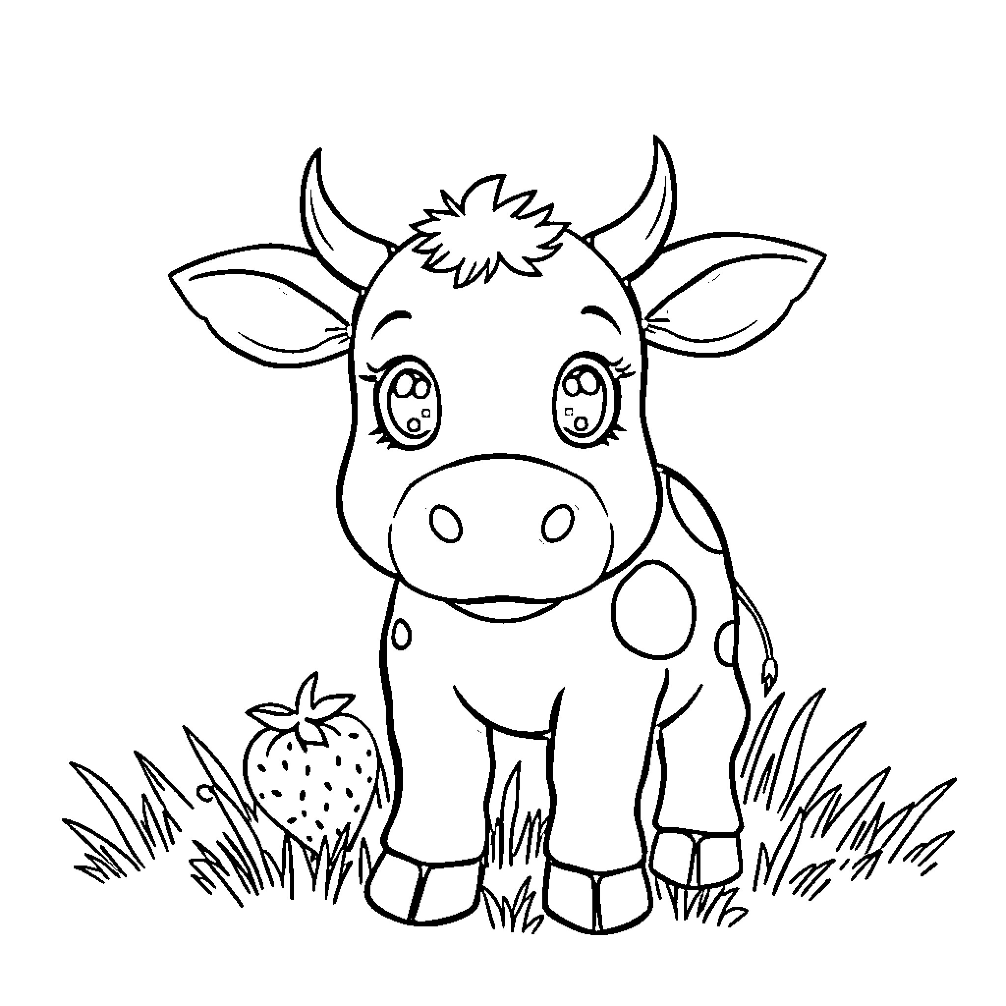 Strawberry Cow enjoying in the field Coloring Page (free black-and-white line drawing printable PDF for all, from beginners to advanced learners, including children, teens, adults, and seniors)