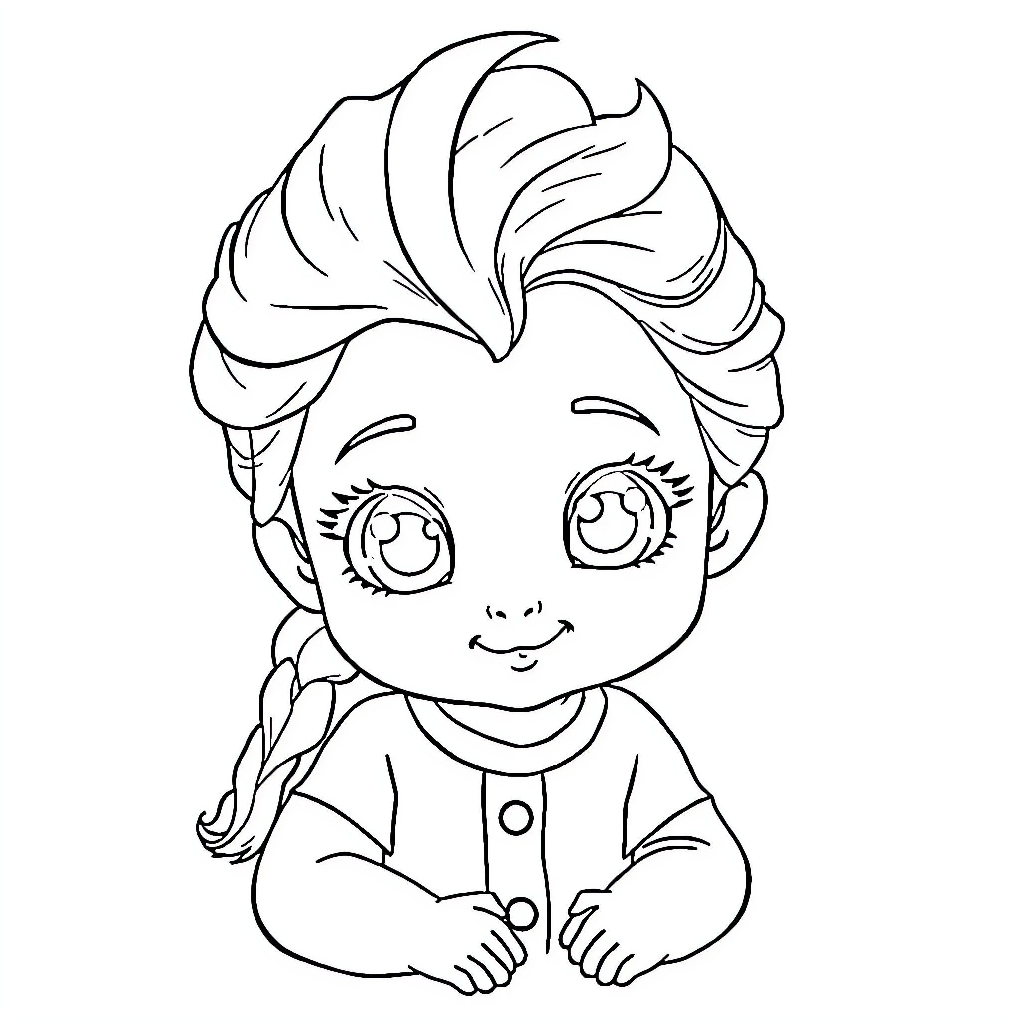 Elsa as a cute baby with big smiling eyes Coloring Page (free black-and-white line drawing printable PDF for all, from beginners to advanced learners, including children, teens, adults, and seniors)