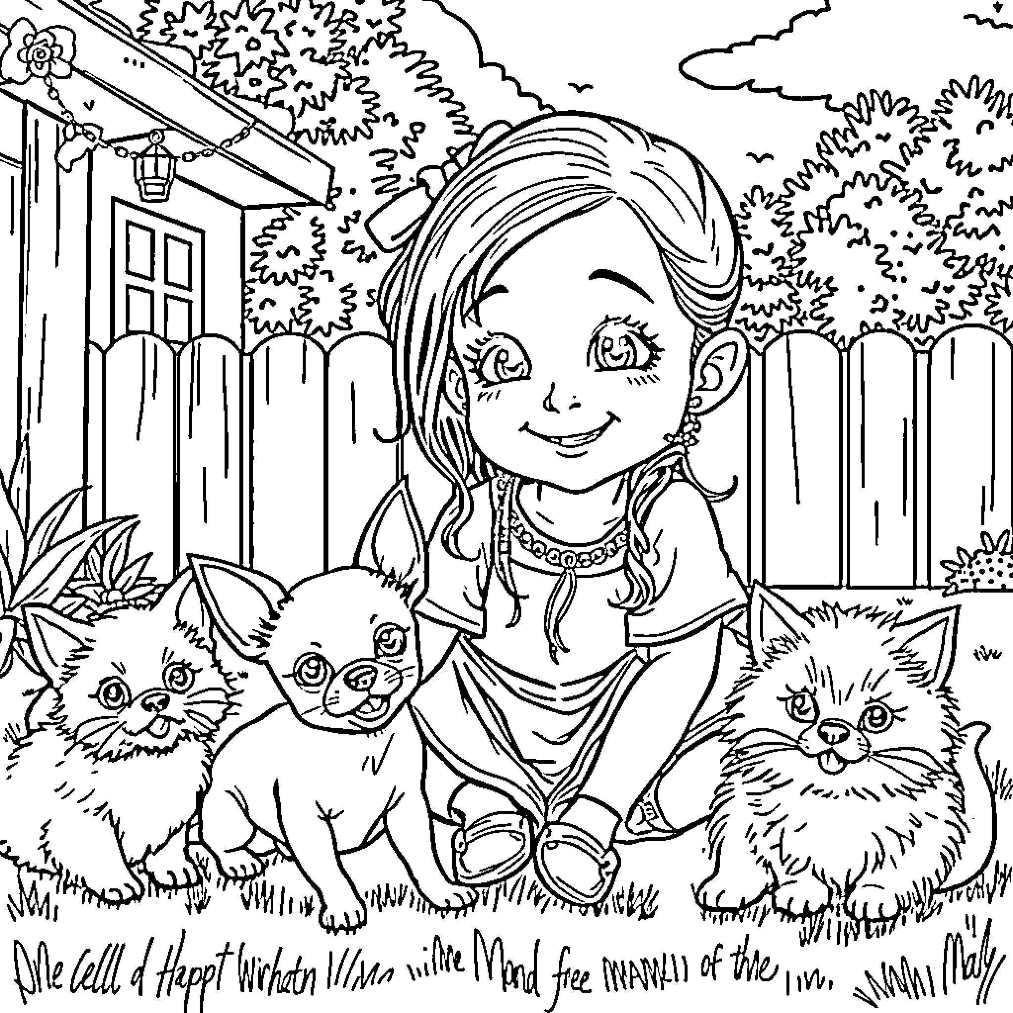 Girl happily playing with kittens in the garden Coloring Page (free black-and-white line drawing printable PDF for all, from beginners to advanced learners, including children, teens, adults, and seniors)