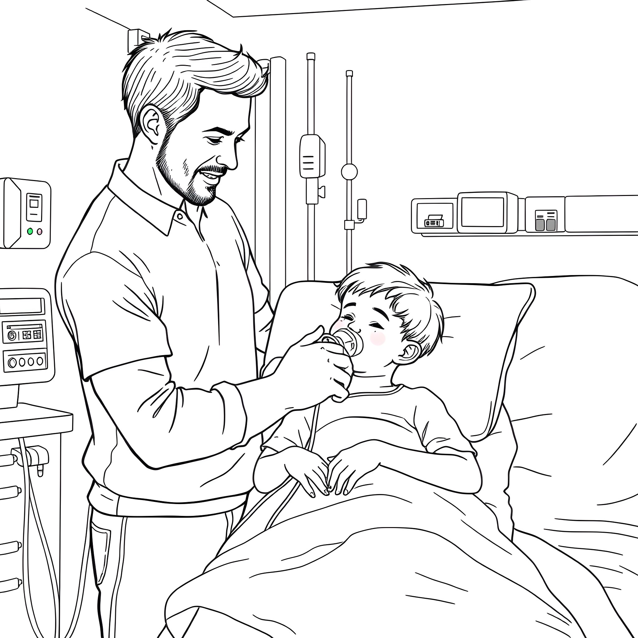 Respiratory Therapist Providing Care to Patient Coloring Page (free black-and-white line drawing printable PDF for all, from beginners to advanced learners, including children, teens, adults, and seniors)