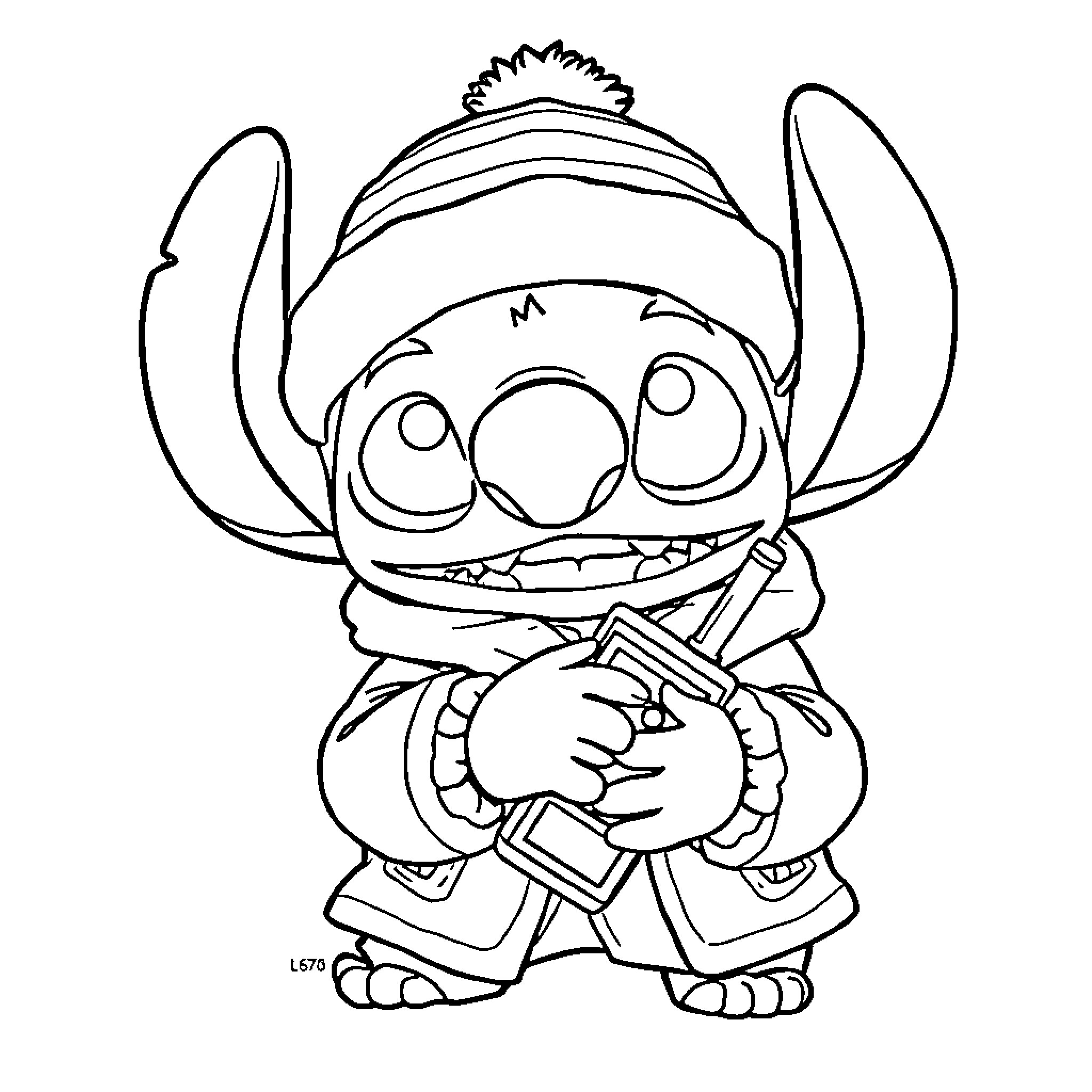 Stitch Wearing Winter Outfit and Holding a Candy Cane Coloring Page (free black-and-white line drawing printable PDF for all, from beginners to advanced learners, including children, teens, adults, and seniors)