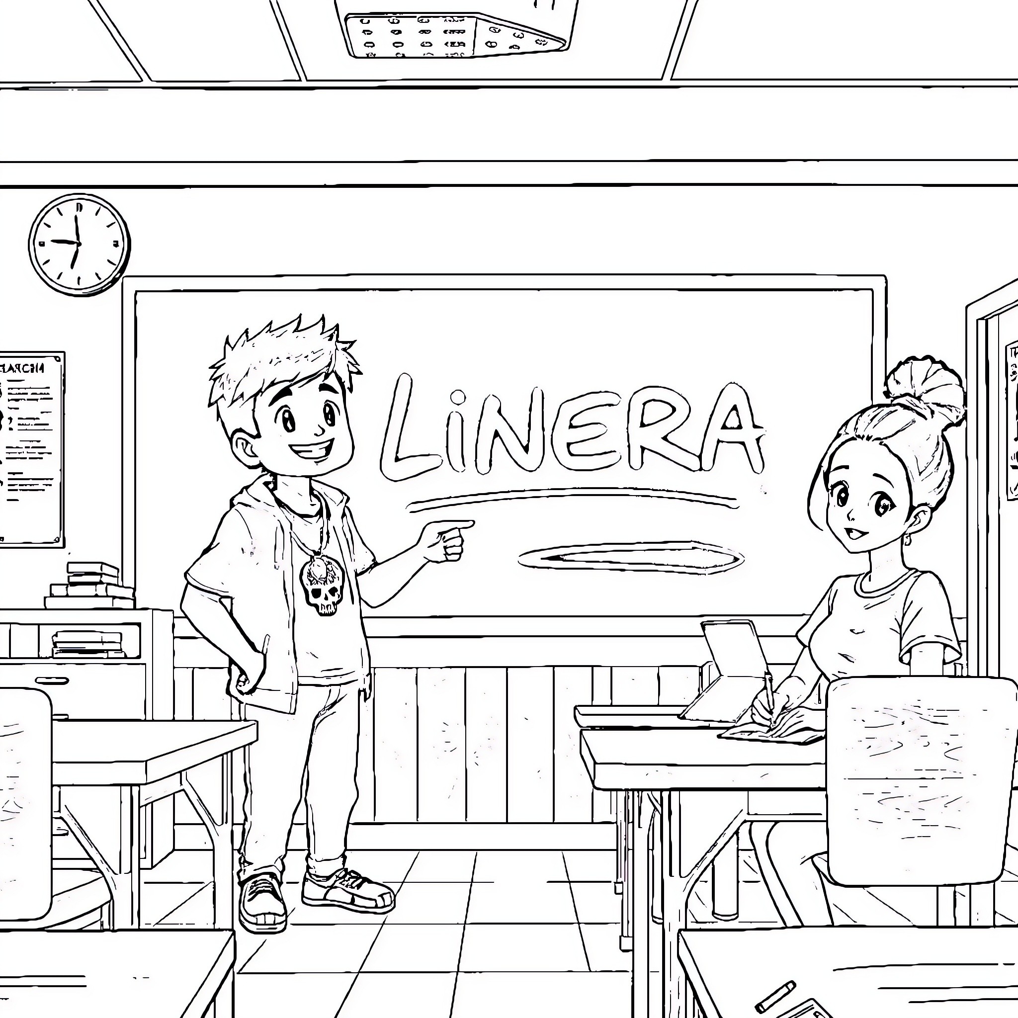 Classroom Scene with Students Working Coloring Page (free black-and-white line drawing printable PDF for all, from beginners to advanced learners, including children, teens, adults, and seniors)