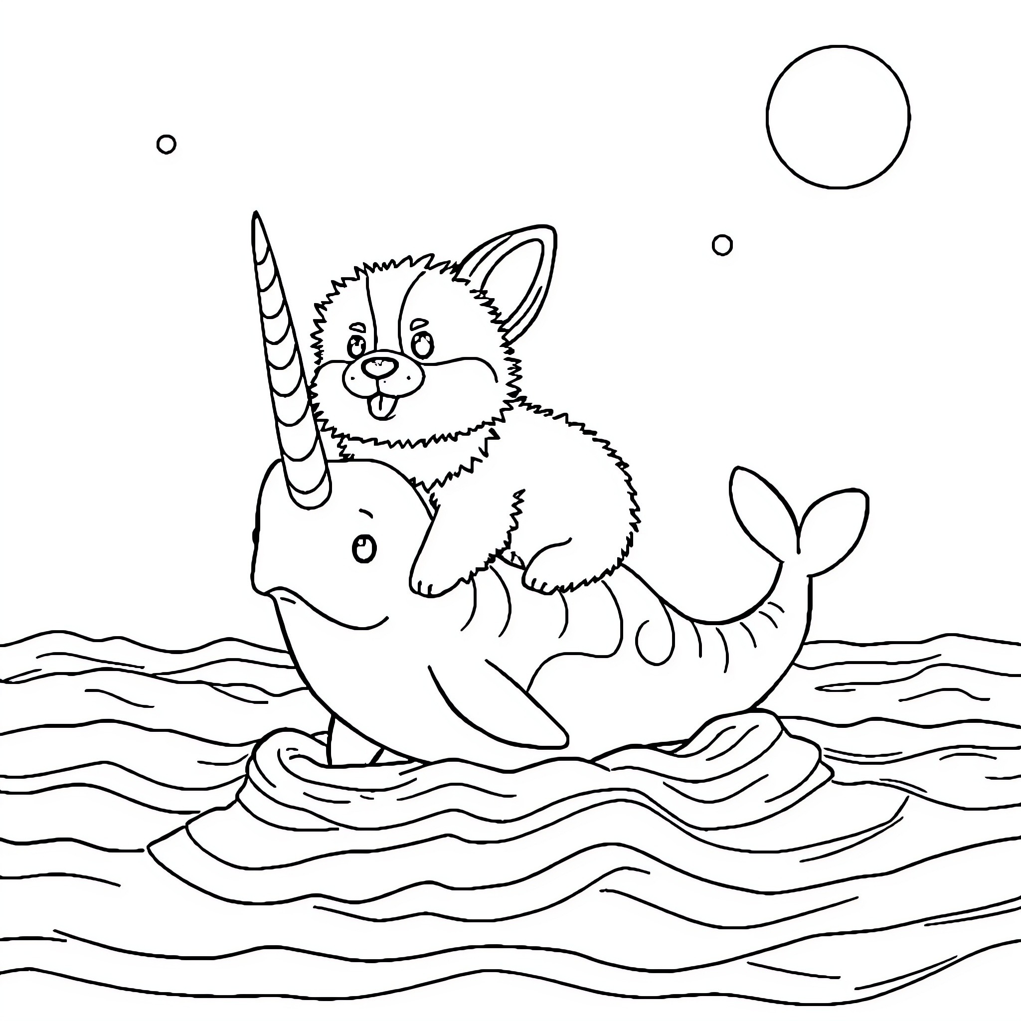 Corgi riding a unicorn in the ocean Coloring Page (free black-and-white line drawing printable PDF for all, from beginners to advanced learners, including children, teens, adults, and seniors)