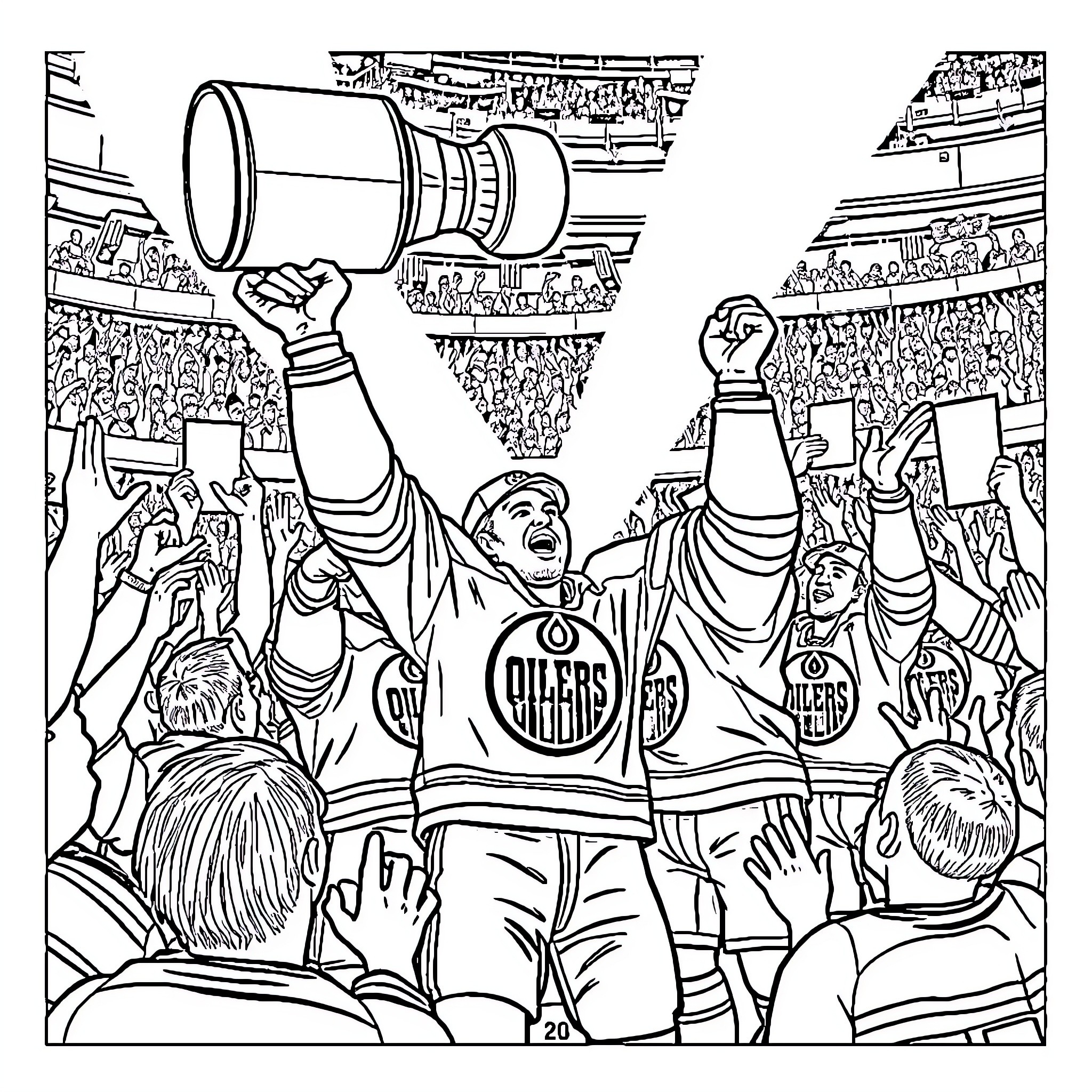 Oilers Fans Celebrating Hockey Victory in Stadium Coloring Page (free black-and-white line drawing printable PDF for all, from beginners to advanced learners, including children, teens, adults, and seniors)