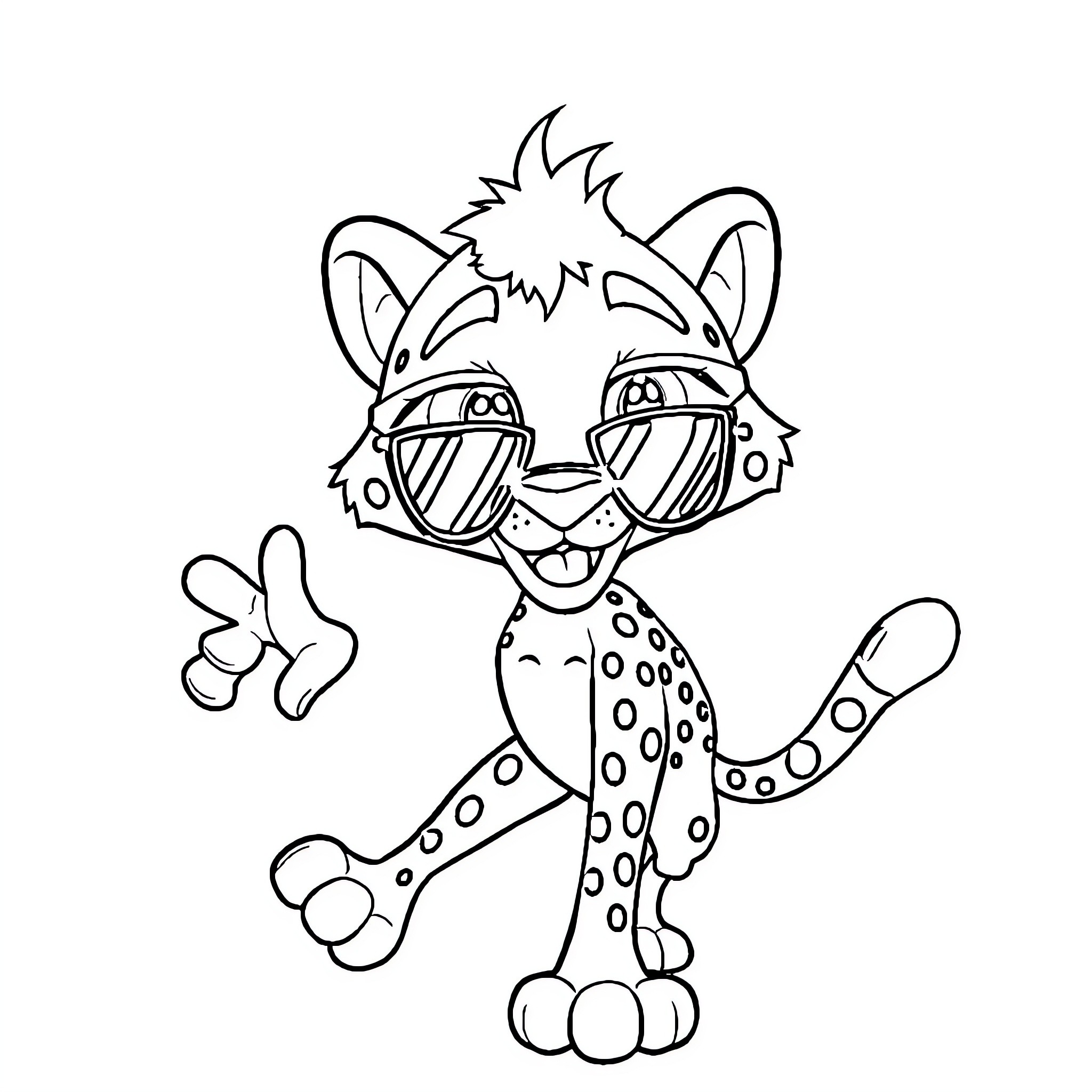 Cheetah wearing sunglasses and showing thumbs up Coloring Page (free black-and-white line drawing printable PDF for all, from beginners to advanced learners, including children, teens, adults, and seniors)