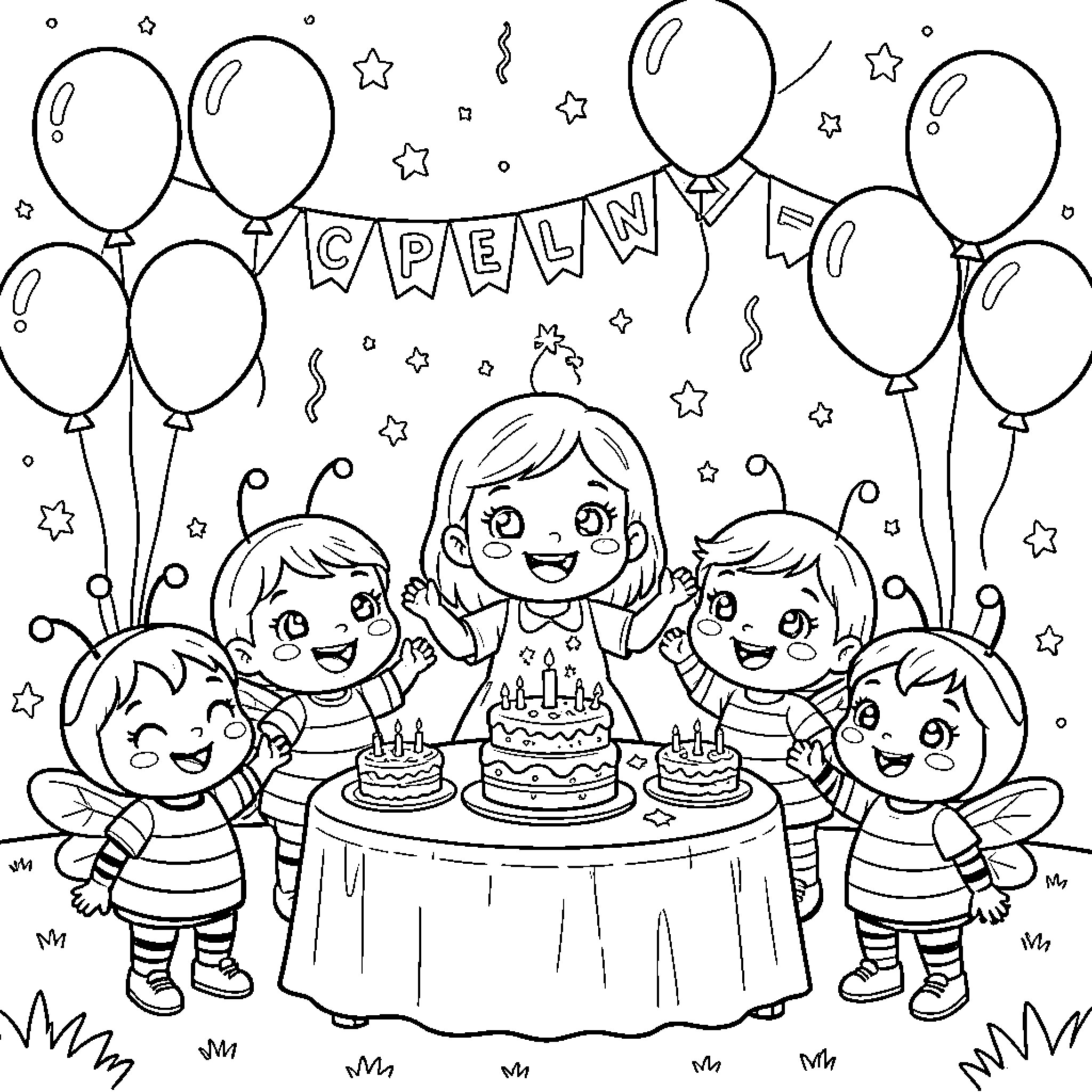 Bee-themed Birthday Celebration with Balloons and Cakes Coloring Page (free black-and-white line drawing printable PDF for all, from beginners to advanced learners, including children, teens, adults, and seniors)