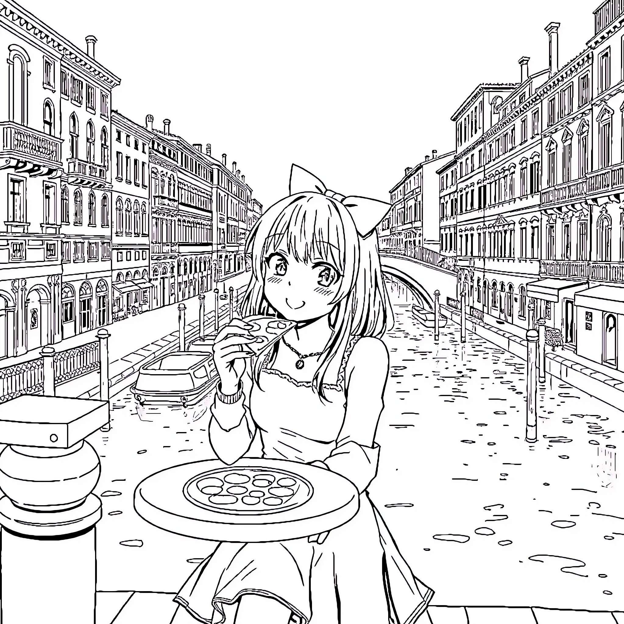 Kuromi enjoying snacks in Venice Coloring Page (free black-and-white line drawing printable PDF for all, from beginners to advanced learners, including children, teens, adults, and seniors)
