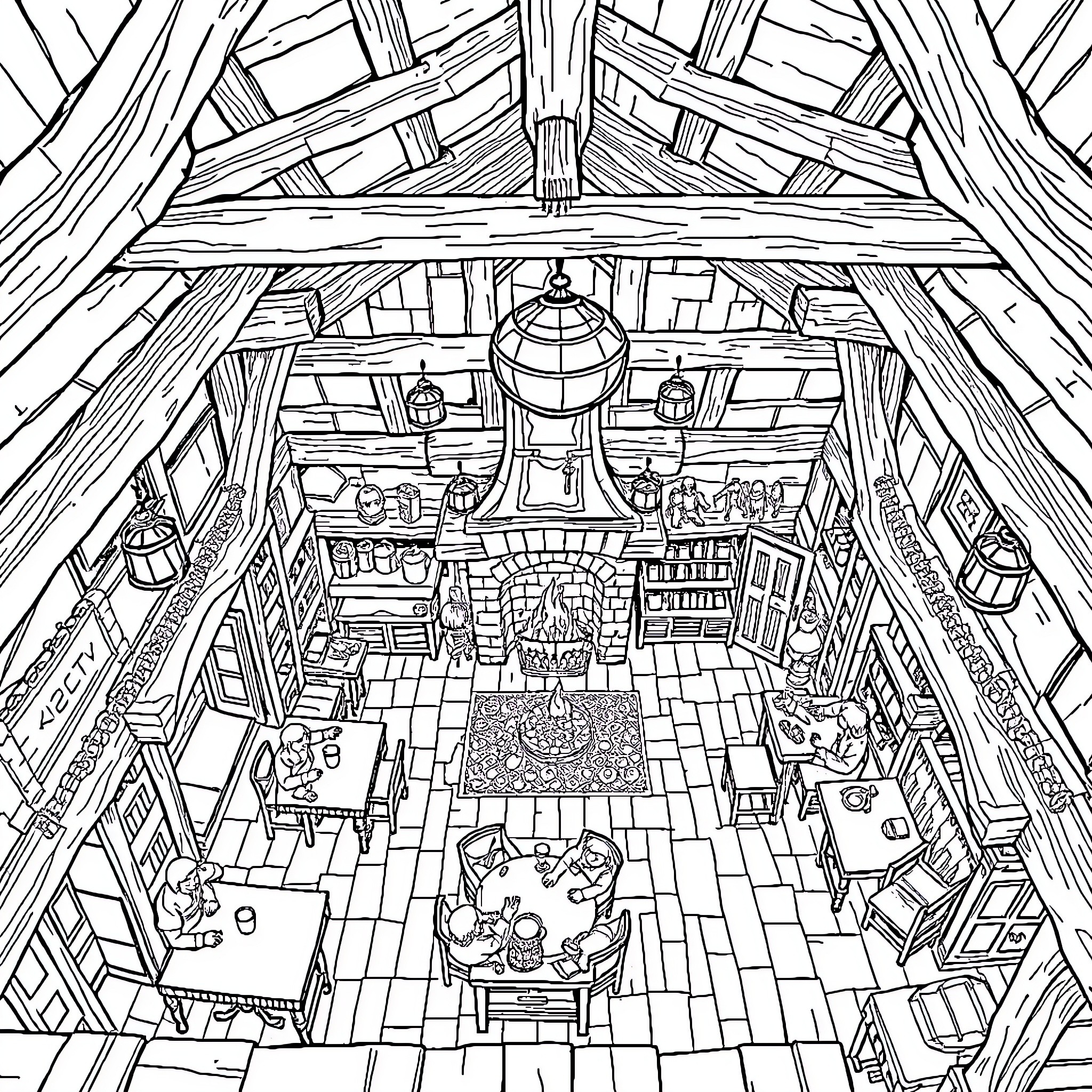 Tavern with Lively Interior and Furnishings Coloring Page (free black-and-white line drawing printable PDF for all, from beginners to advanced learners, including children, teens, adults, and seniors)