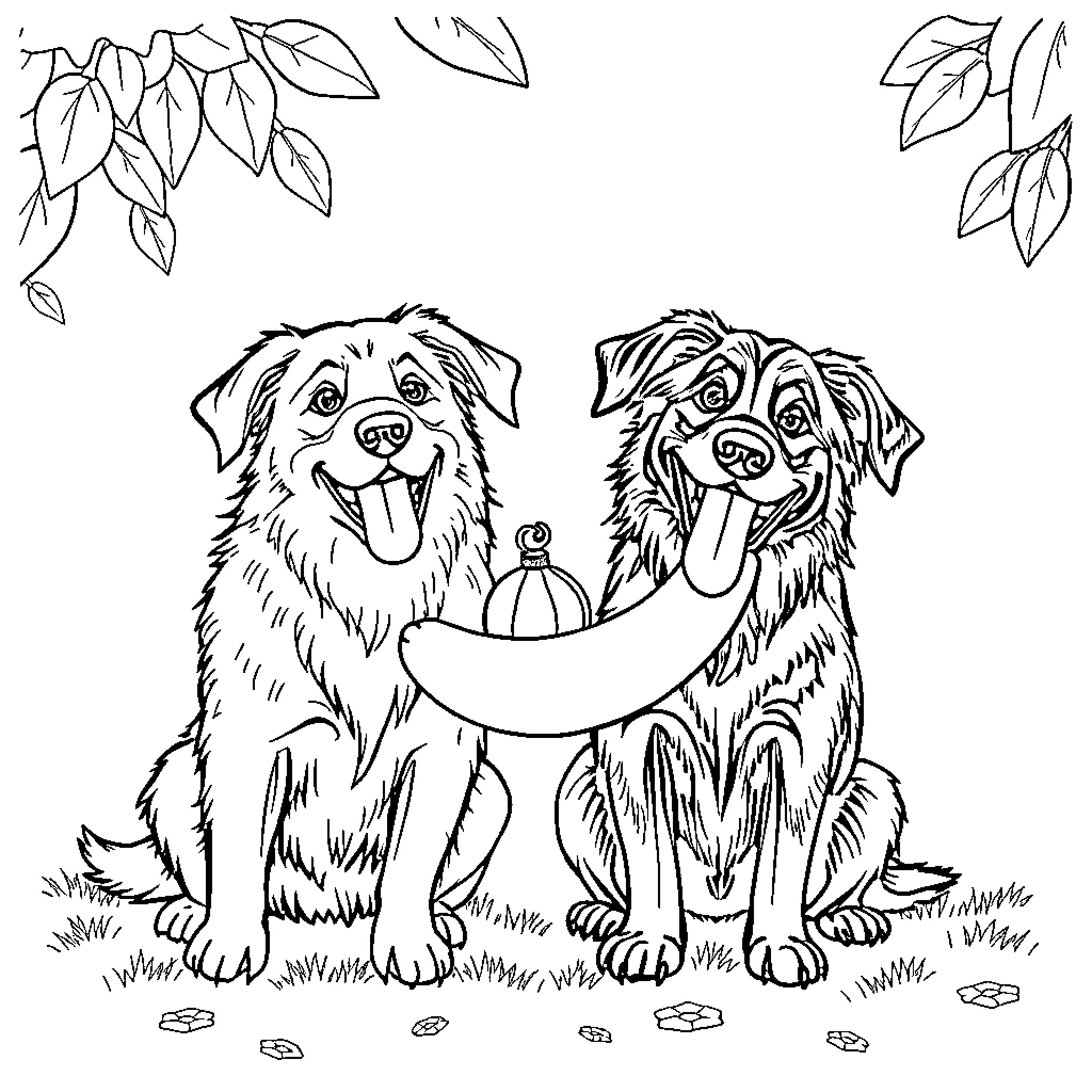 Dogs playing with a bowl in nature Coloring Page (free black-and-white line drawing printable PDF for all, from beginners to advanced learners, including children, teens, adults, and seniors)