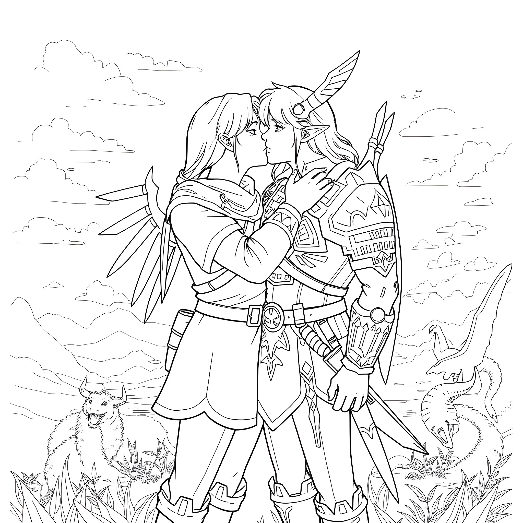 Link and Zelda's romantic embrace Coloring Page (free black-and-white line drawing printable PDF for all, from beginners to advanced learners, including children, teens, adults, and seniors)