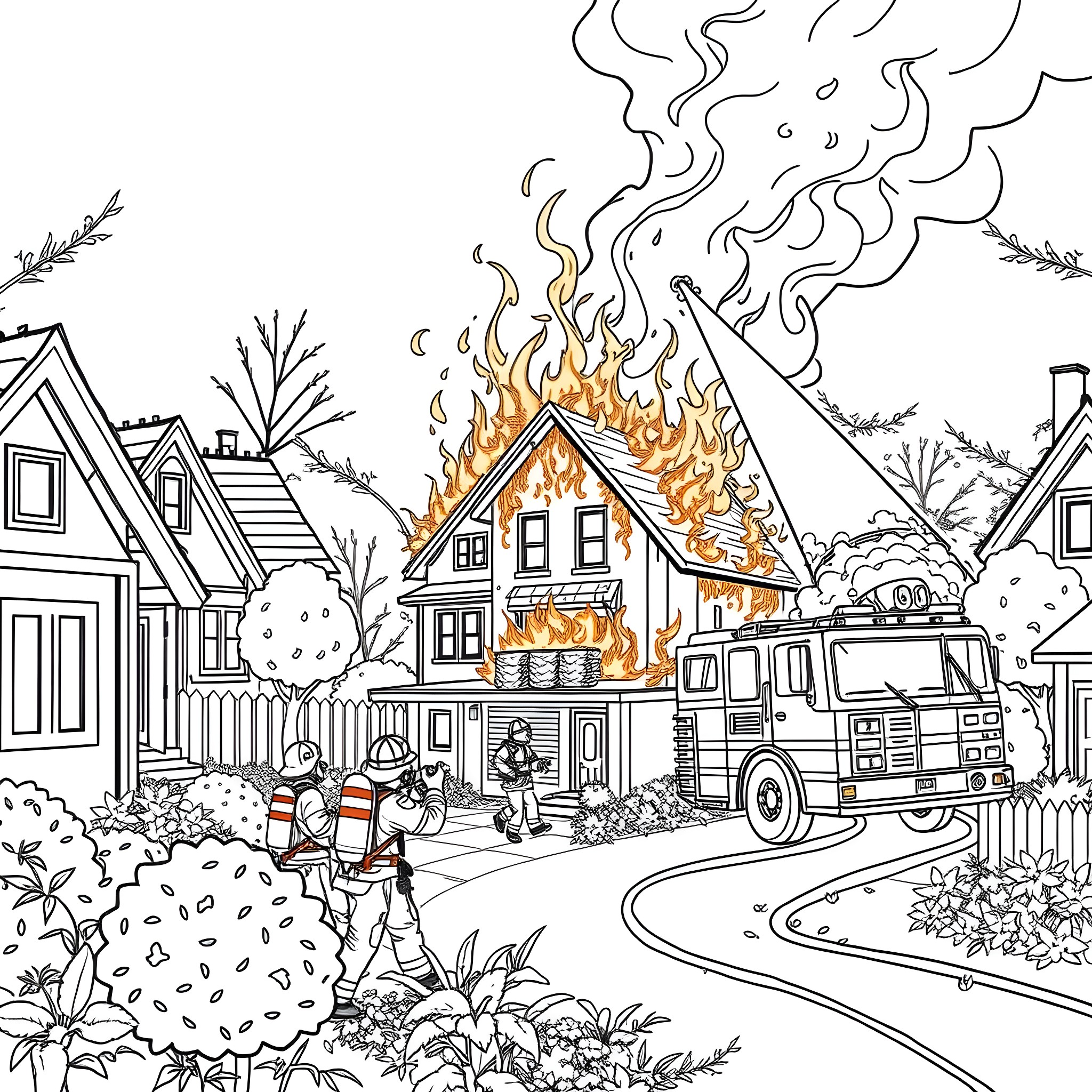 Firefighter responding to a burning house in a neighborhood Coloring Page (free black-and-white line drawing printable PDF for all, from beginners to advanced learners, including children, teens, adults, and seniors)