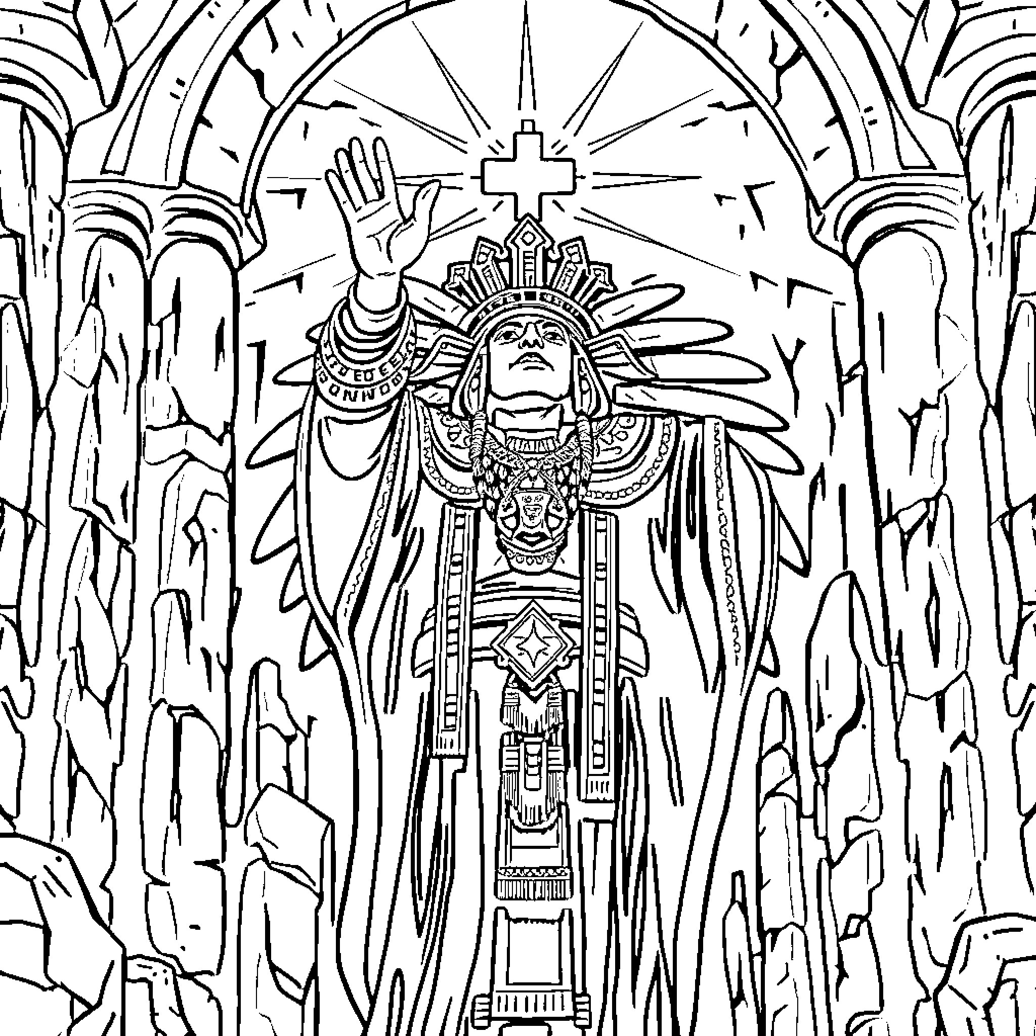 Aztec Priest performing ritual in ornate ceremonial attire Coloring Page (free black-and-white line drawing printable PDF for all, from beginners to advanced learners, including children, teens, adults, and seniors)