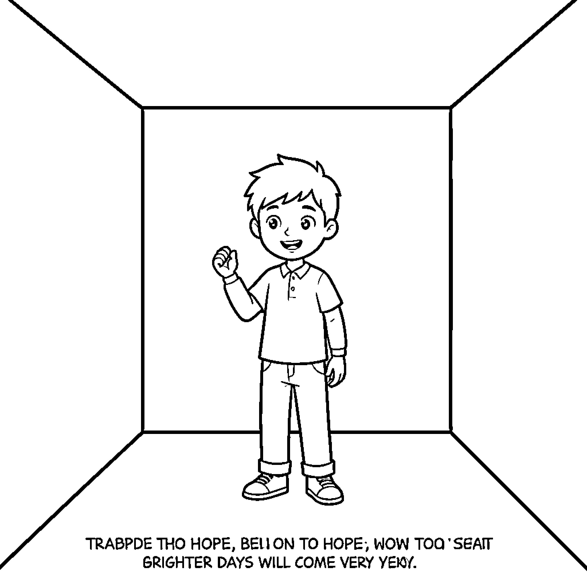 Boy expressing excitement and hope for brighter days Coloring Page (free black-and-white line drawing printable PDF for all, from beginners to advanced learners, including children, teens, adults, and seniors)
